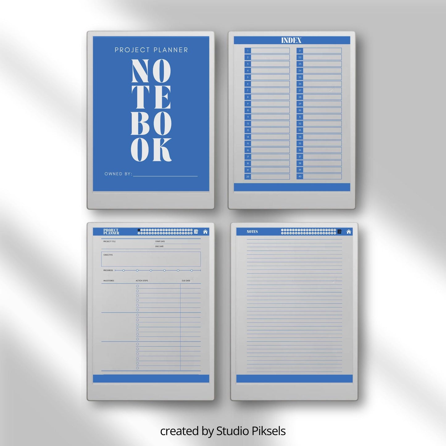 Project planner for reMarkable Paper Pro with hyperlinked project pages.