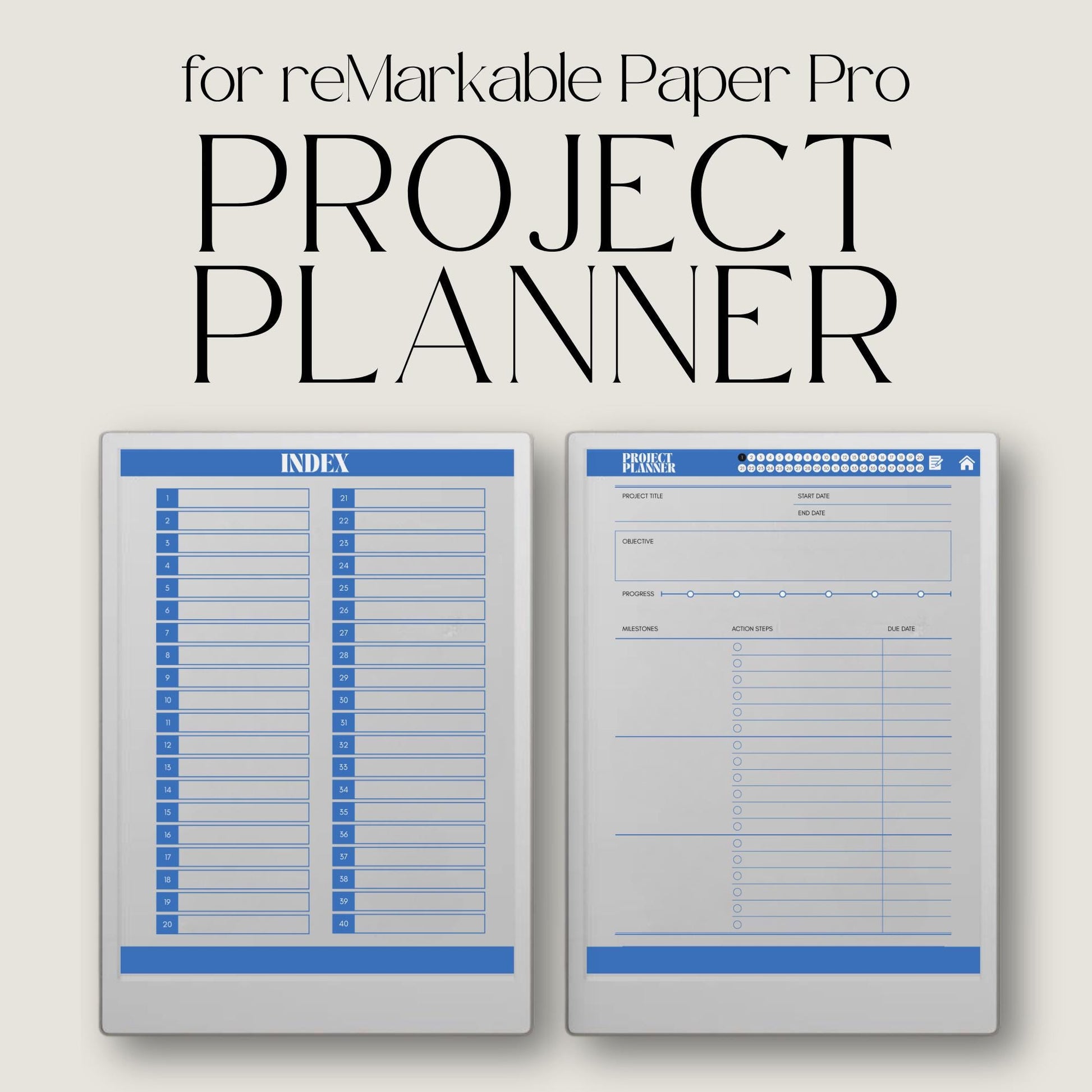 Project planner for reMarkable Paper Pro with hyperlinked project pages.