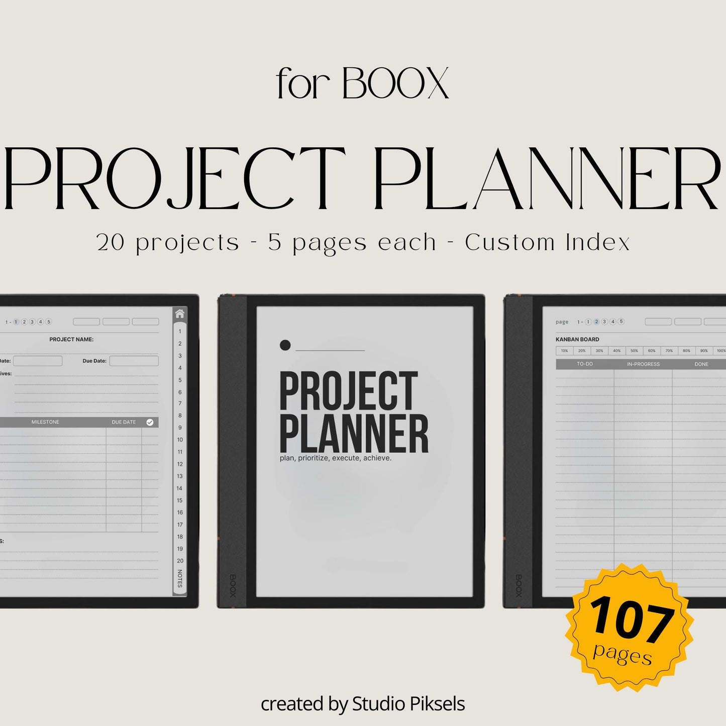 Hyperlinked Project Planner for BOOX with Kanban boards, project timeline pages, priority matrix layouts, and digital productivity tools.