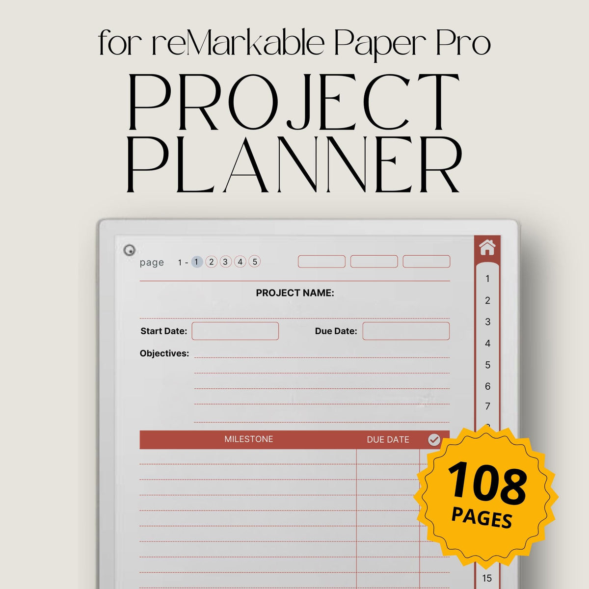 Project Planner for reMarkable Paper Pro with hyperlinked workflow pages, Kanban boards, Eisenhower Matrix layouts, timeline planners, and digital productivity tools.