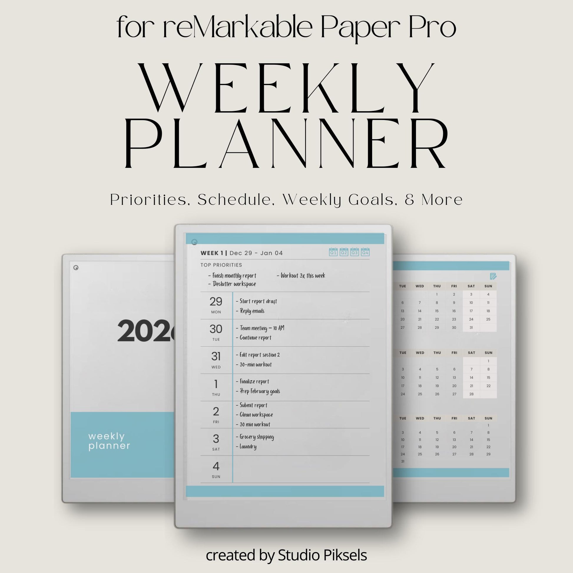 2026 weekly planner for reMarkable Paper Pro with hyperlinked quarterly calendar and weekly planning pages.