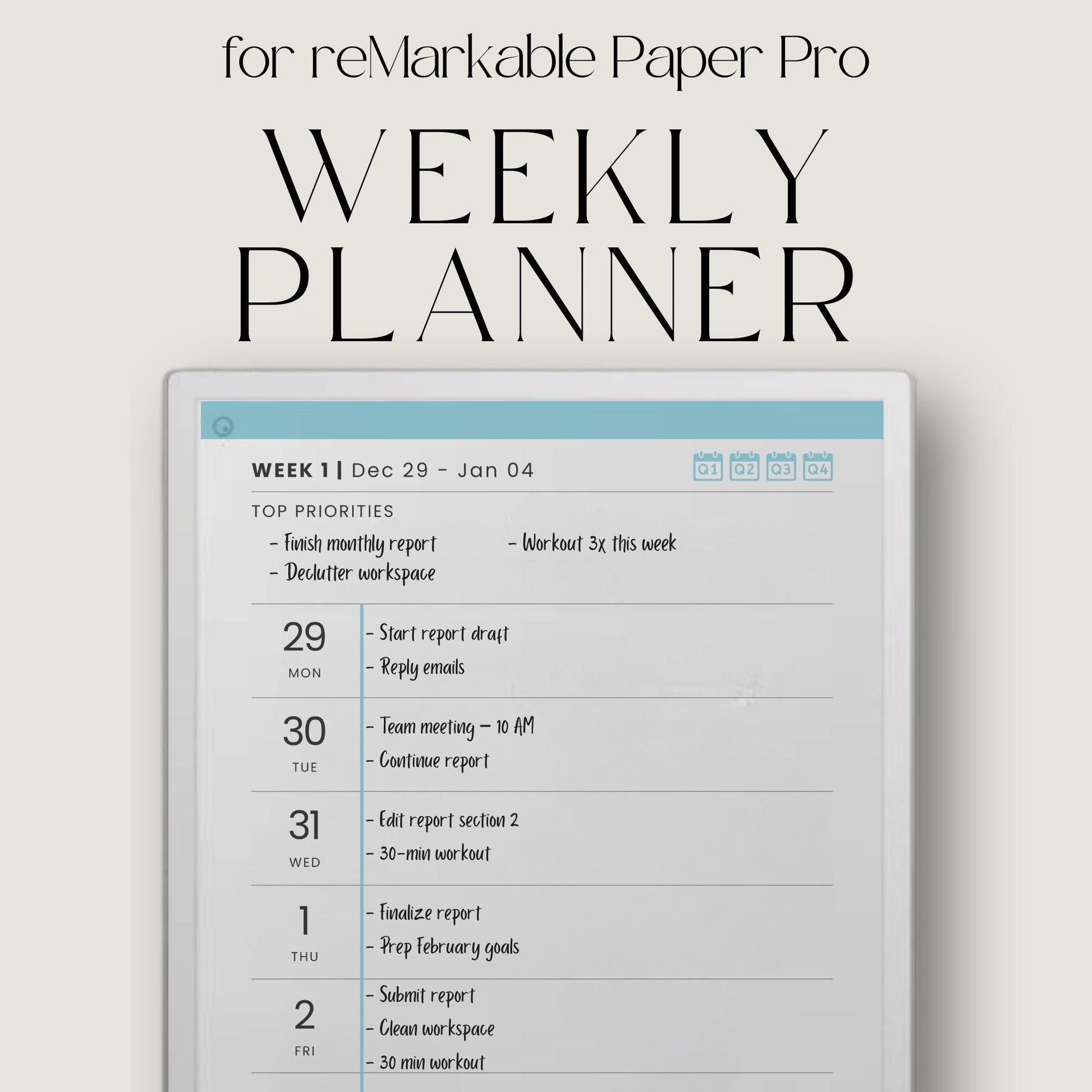 2026 weekly planner for reMarkable Paper Pro with hyperlinked quarterly calendar and weekly planning pages.