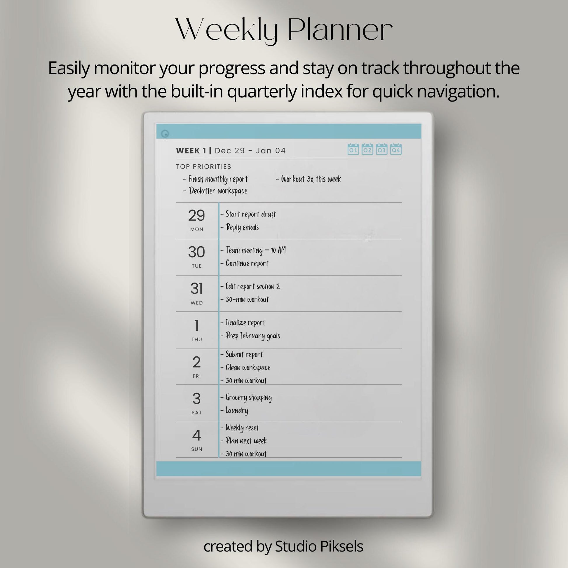 2026 weekly planner for reMarkable Paper Pro with hyperlinked quarterly calendar and weekly planning pages.