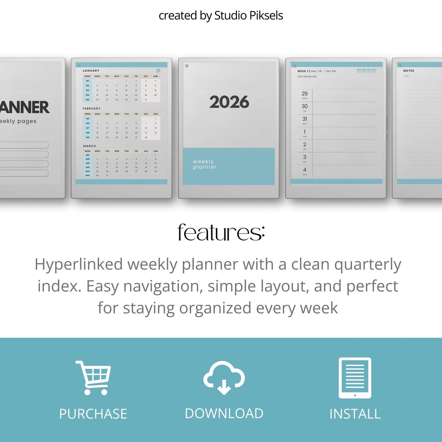 2026 weekly planner for reMarkable Paper Pro with hyperlinked quarterly calendar and weekly planning pages.