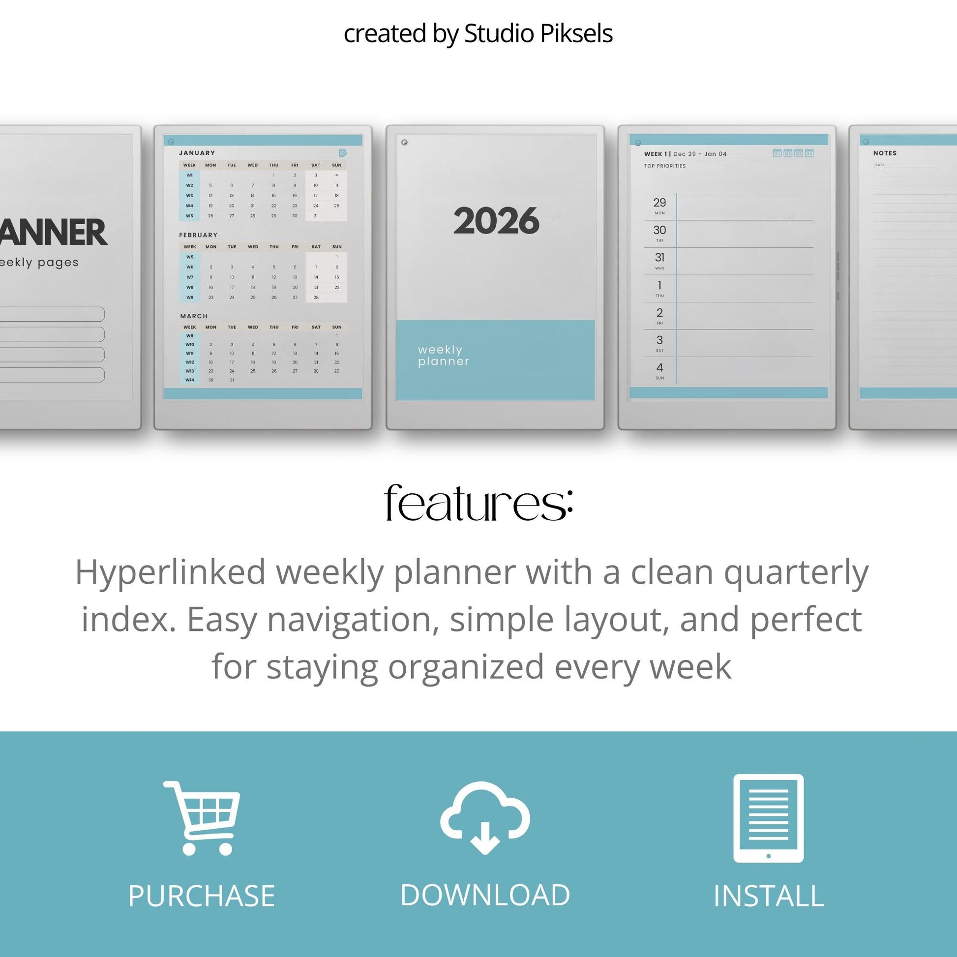 2026 weekly planner for reMarkable Paper Pro with hyperlinked quarterly calendar and weekly planning pages.