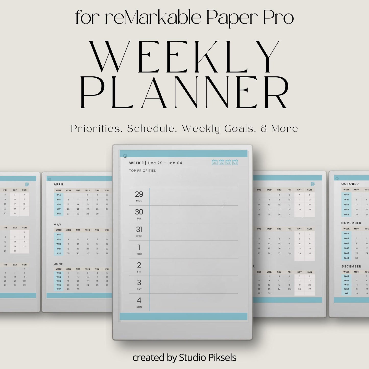 2026 weekly planner for reMarkable Paper Pro with hyperlinked quarterly calendar and weekly planning pages.