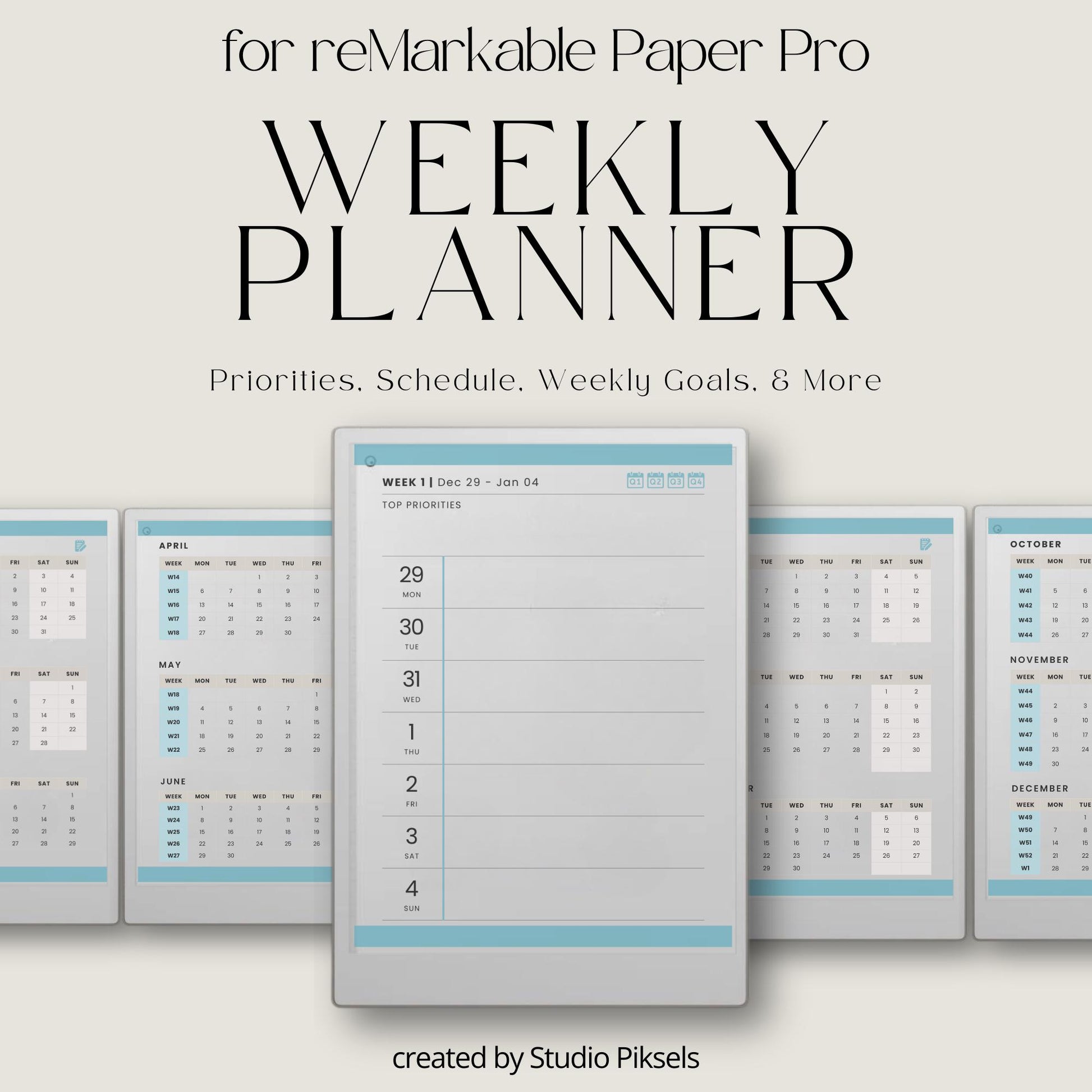 2026 weekly planner for reMarkable Paper Pro with hyperlinked quarterly calendar and weekly planning pages.