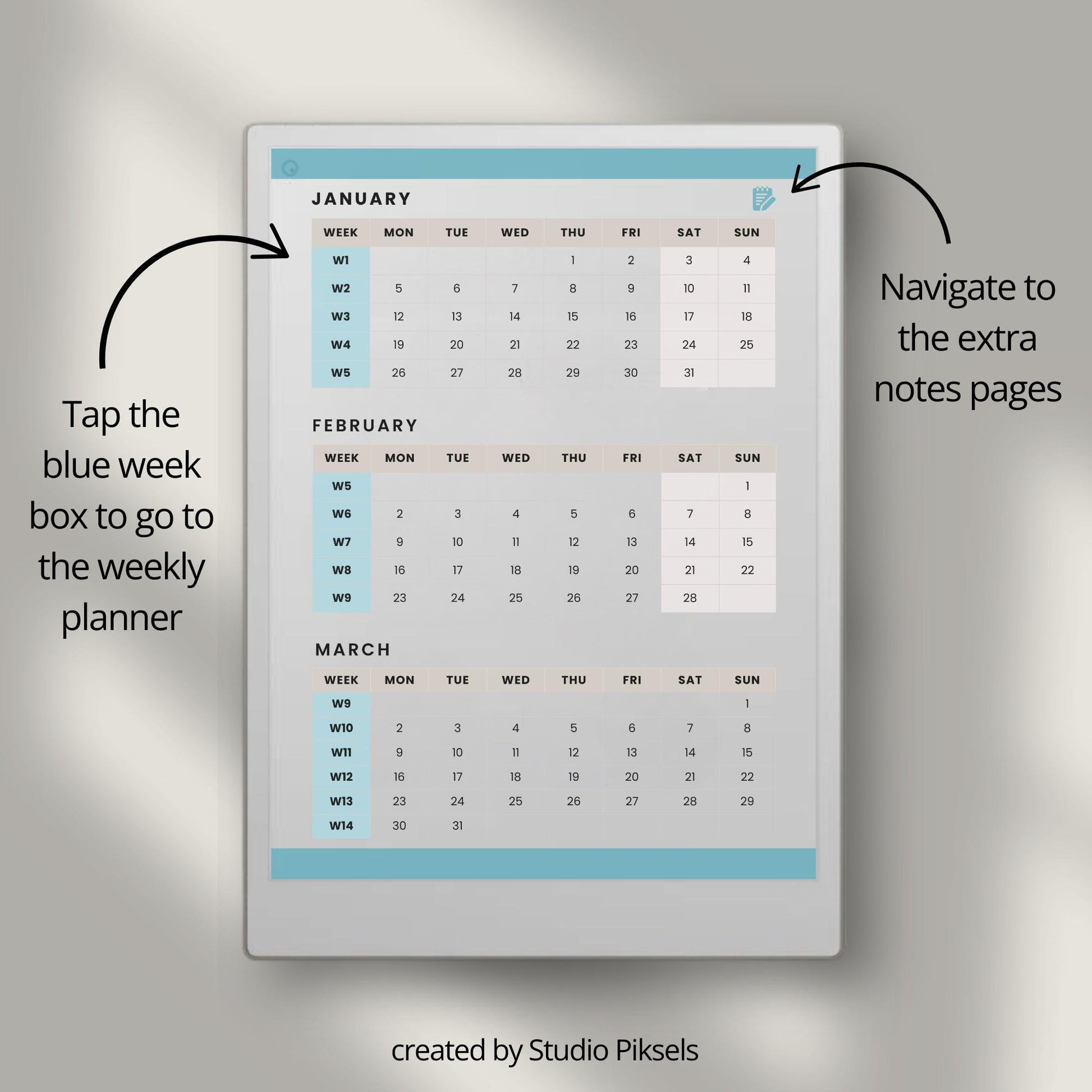 2026 weekly planner for reMarkable Paper Pro with hyperlinked quarterly calendar and weekly planning pages.