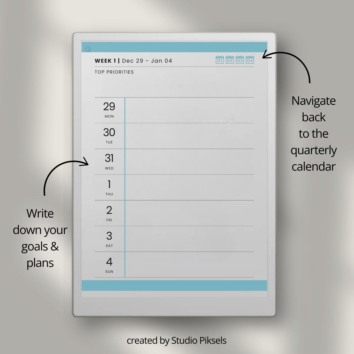 2026 weekly planner for reMarkable Paper Pro with hyperlinked quarterly calendar and weekly planning pages.
