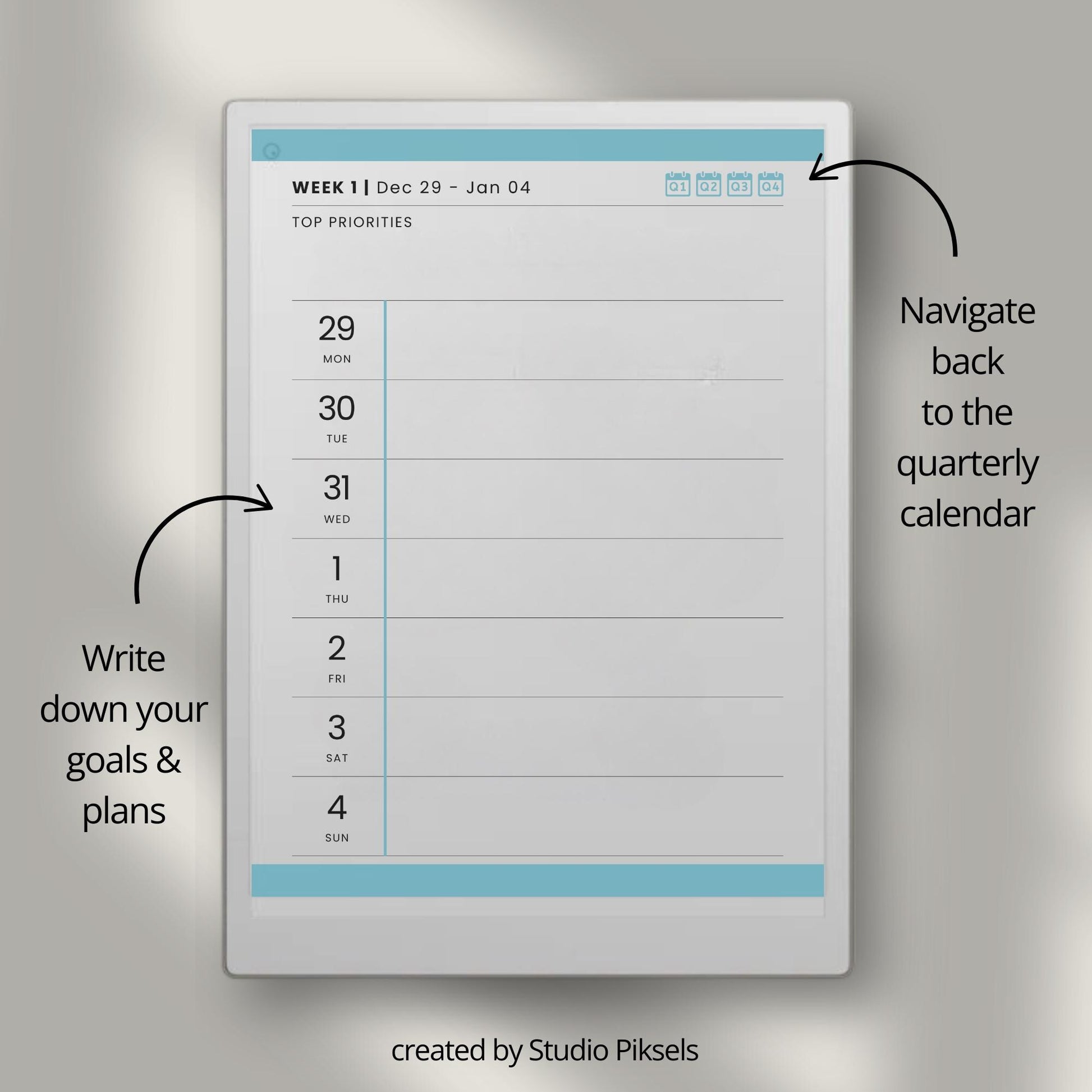 2026 weekly planner for reMarkable Paper Pro with hyperlinked quarterly calendar and weekly planning pages.