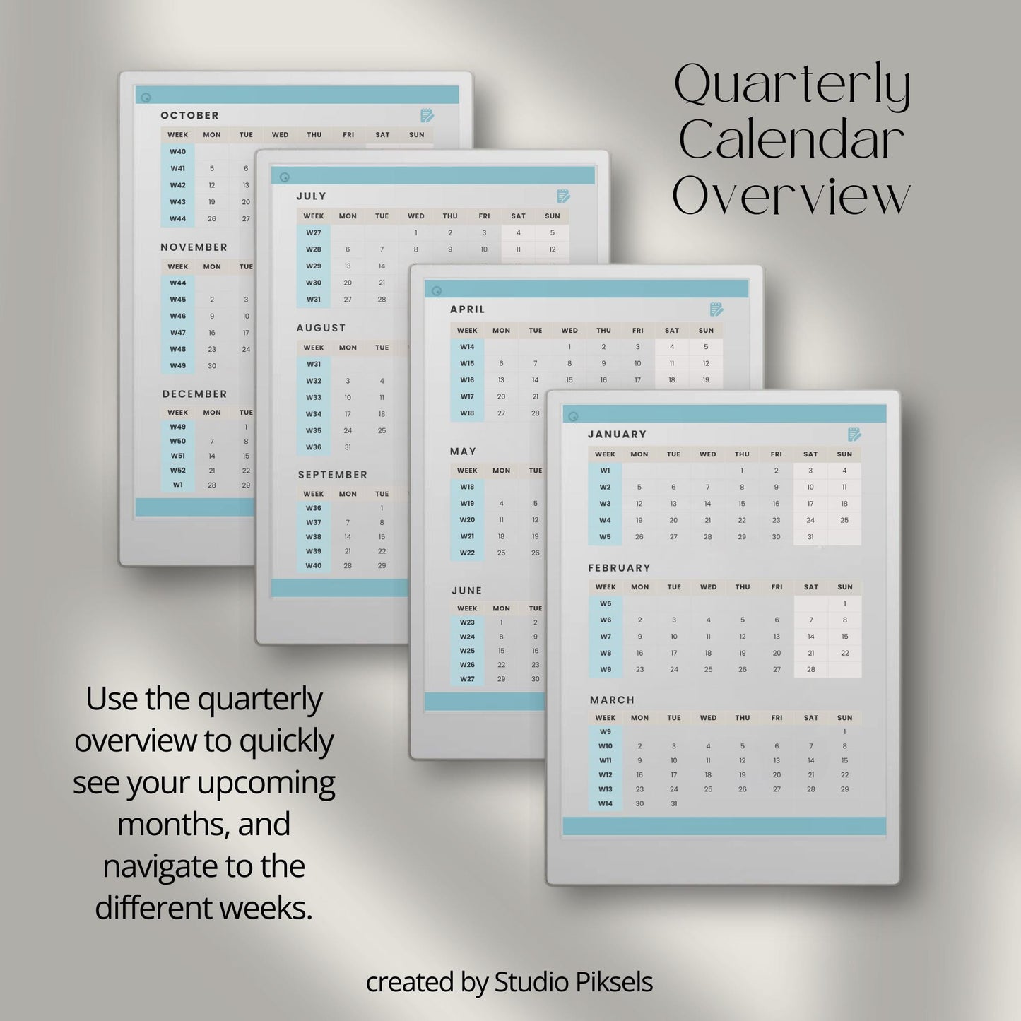 2026 weekly planner for reMarkable Paper Pro with hyperlinked quarterly calendar and weekly planning pages.