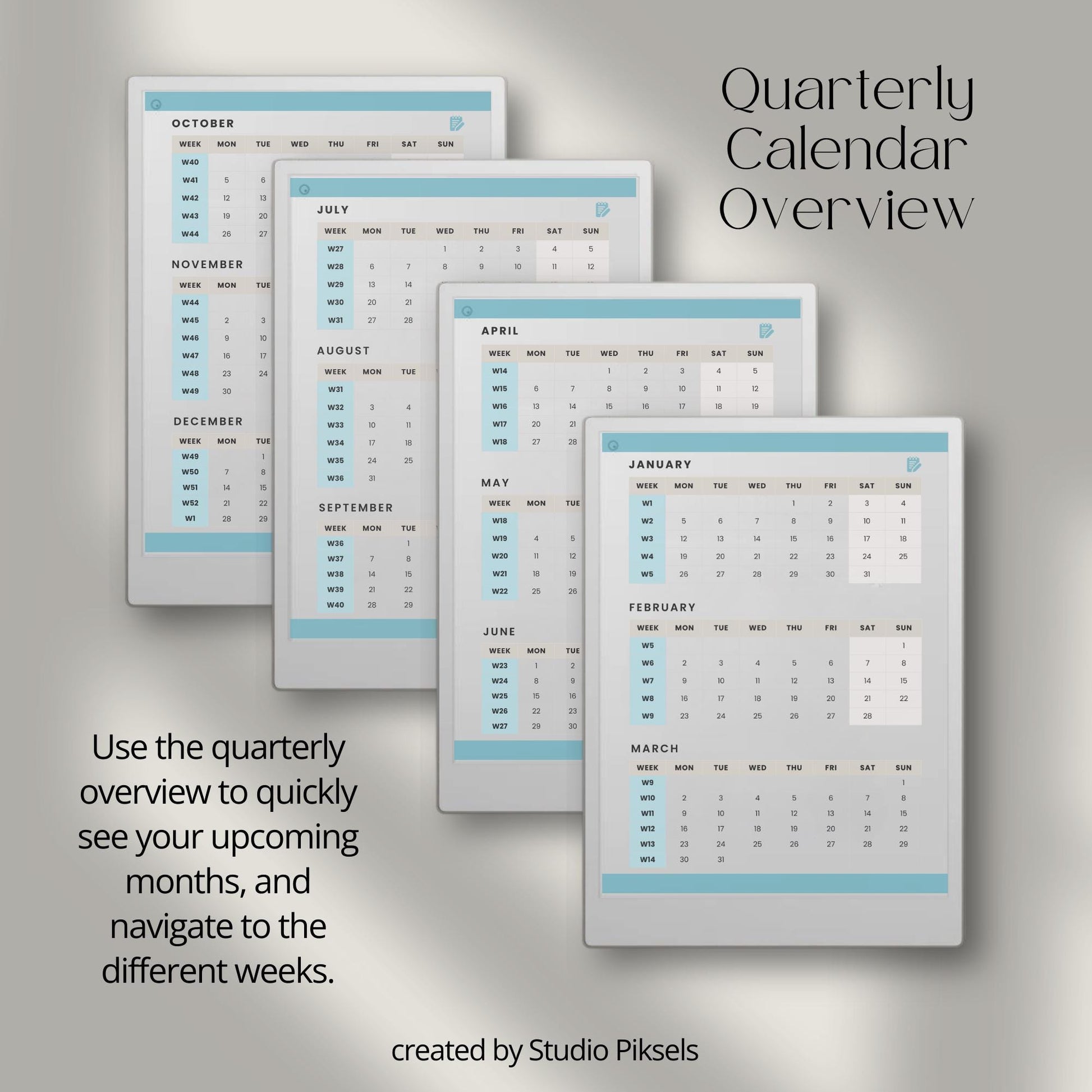 2026 weekly planner for reMarkable Paper Pro with hyperlinked quarterly calendar and weekly planning pages.