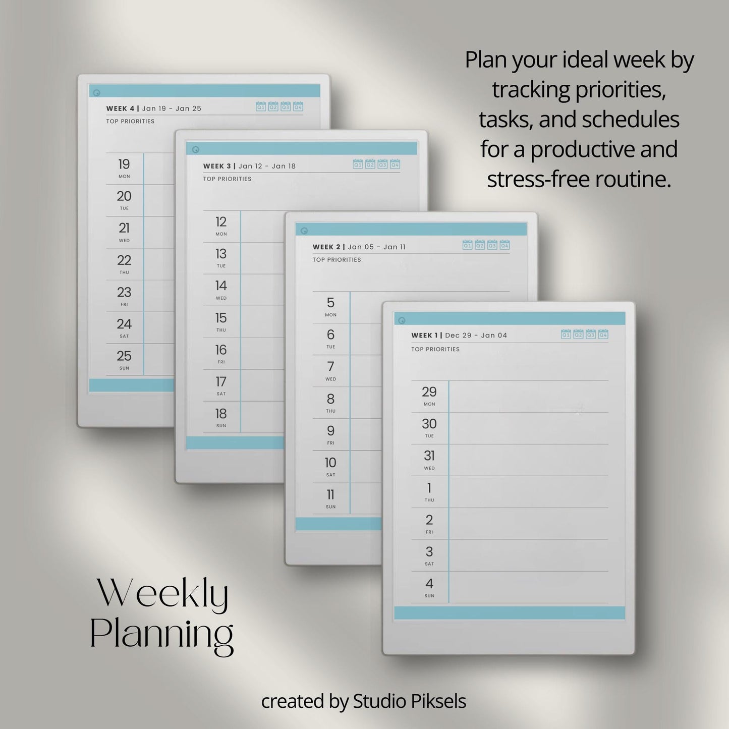 2026 weekly planner for reMarkable Paper Pro with hyperlinked quarterly calendar and weekly planning pages.