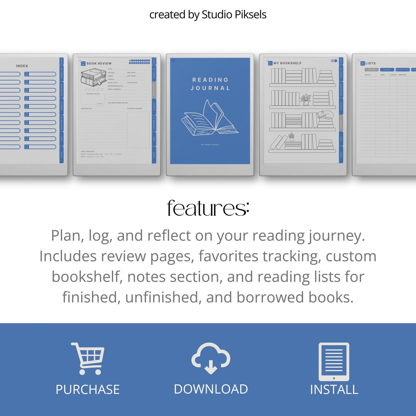 Reading journal for reMarkable Paper Pro with hyperlinked sections and book reviews.