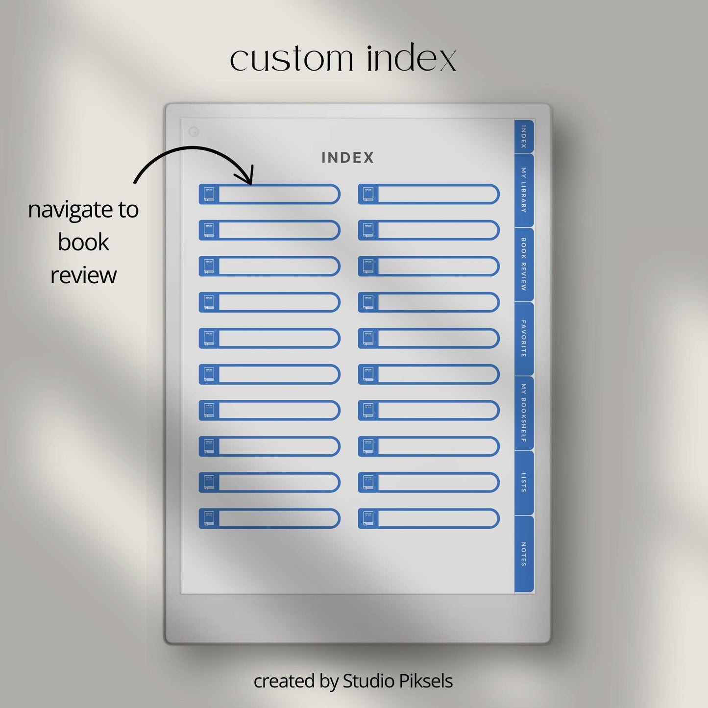 Reading journal for reMarkable Paper Pro with hyperlinked sections and book reviews.