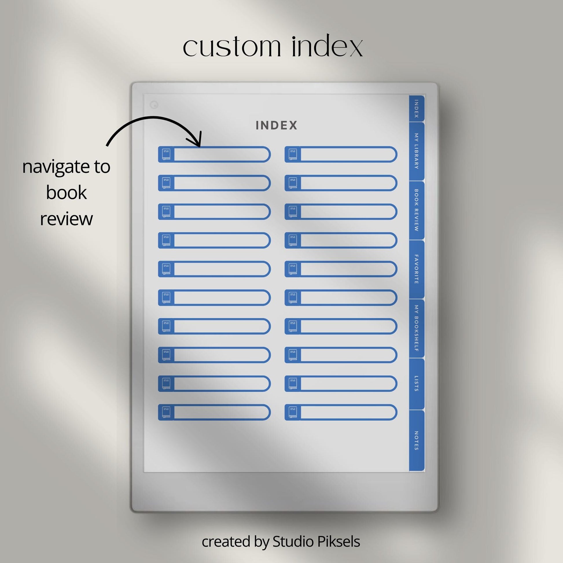 Reading journal for reMarkable Paper Pro with hyperlinked sections and book reviews.