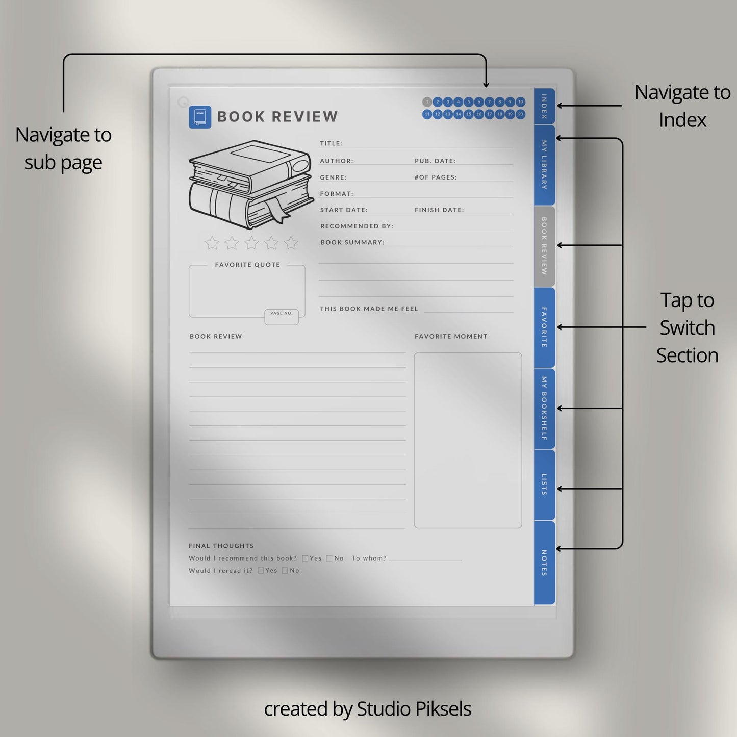 Reading journal for reMarkable Paper Pro with hyperlinked sections and book reviews.