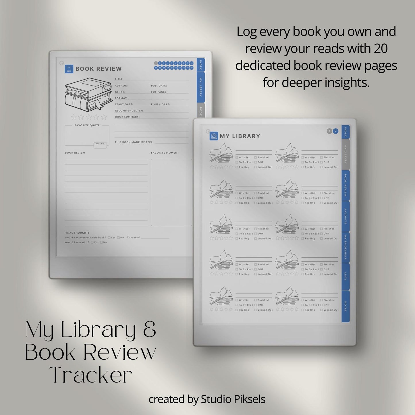 Reading journal for reMarkable Paper Pro with hyperlinked sections and book reviews.