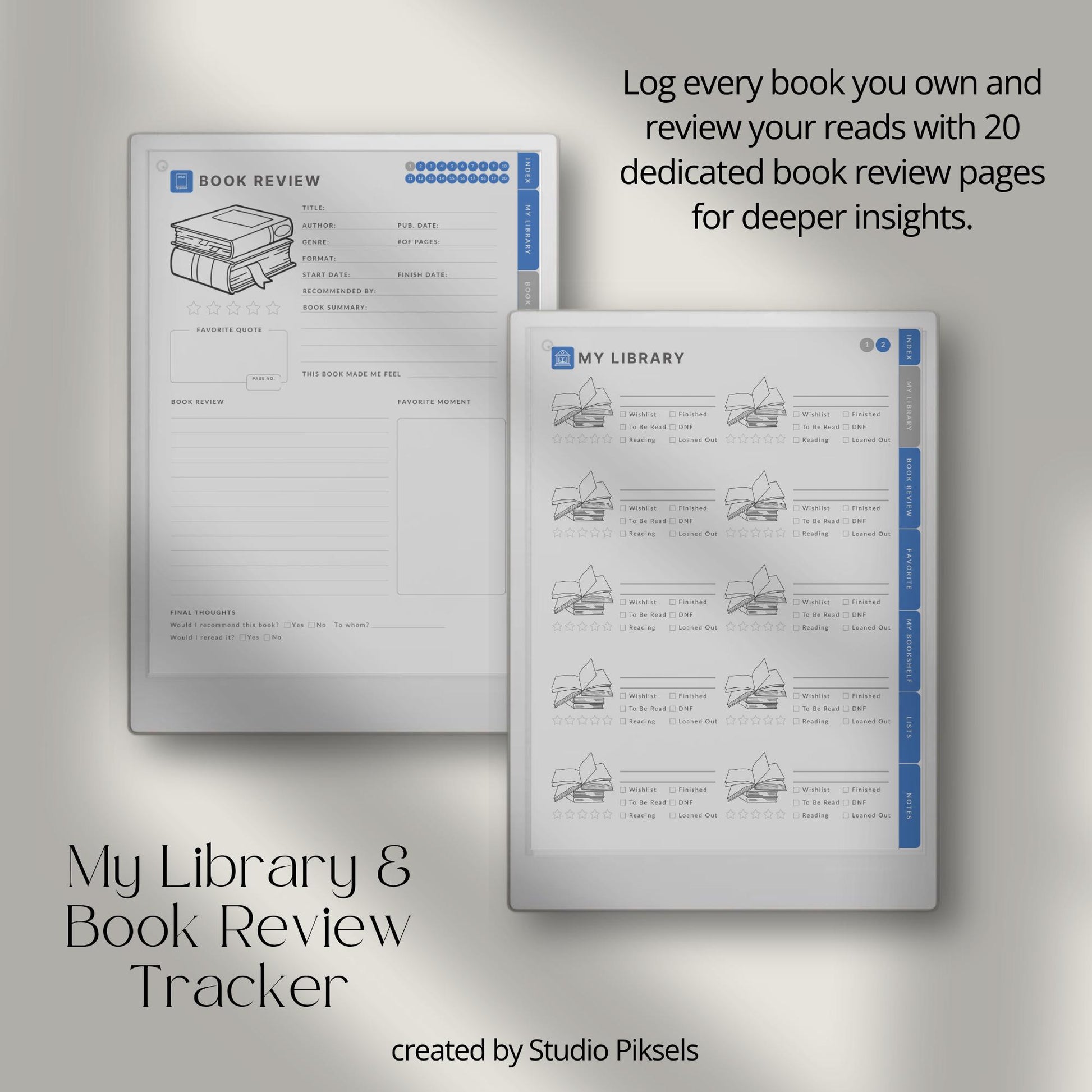Reading journal for reMarkable Paper Pro with hyperlinked sections and book reviews.