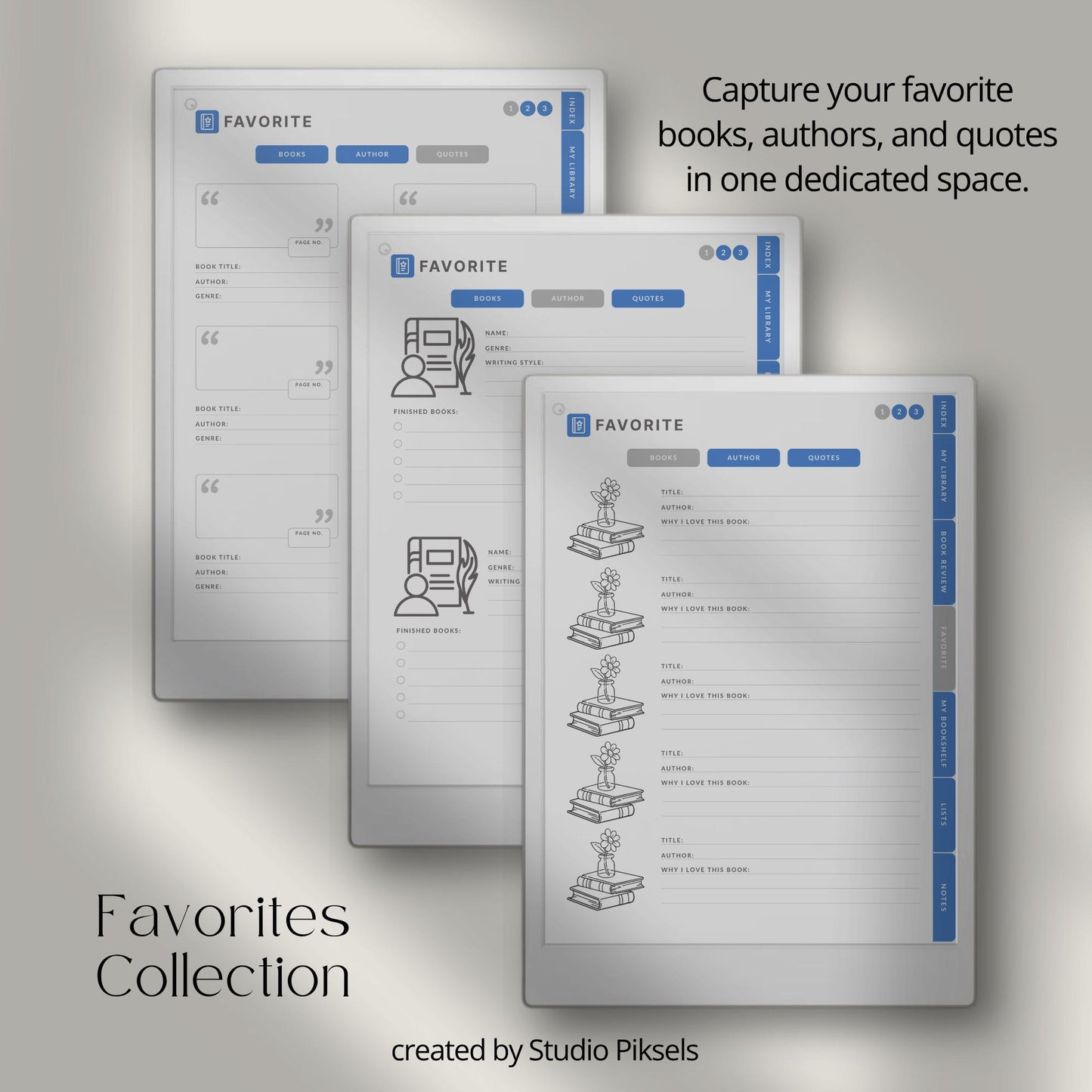 Reading journal for reMarkable Paper Pro with hyperlinked sections and book reviews.