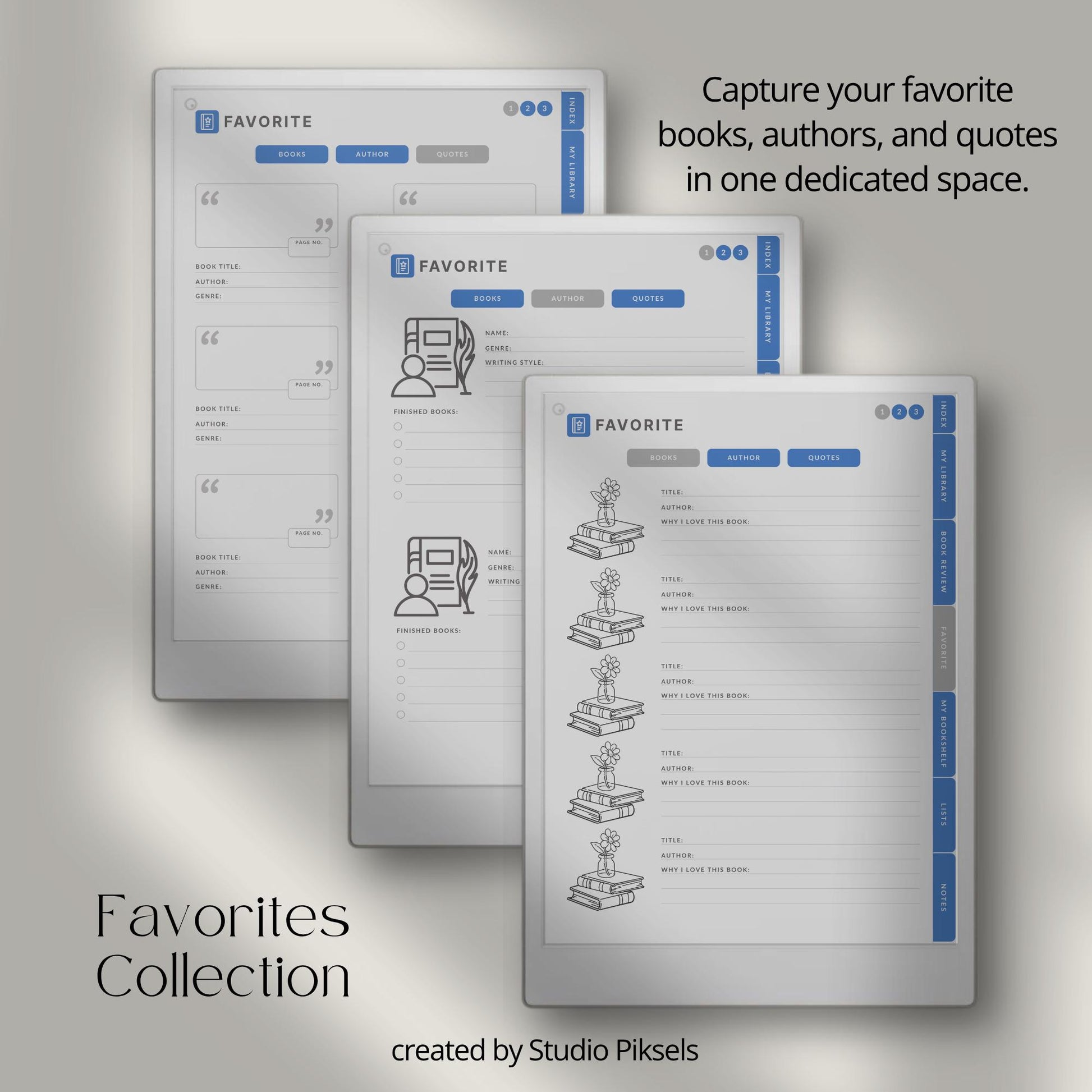 Reading journal for reMarkable Paper Pro with hyperlinked sections and book reviews.