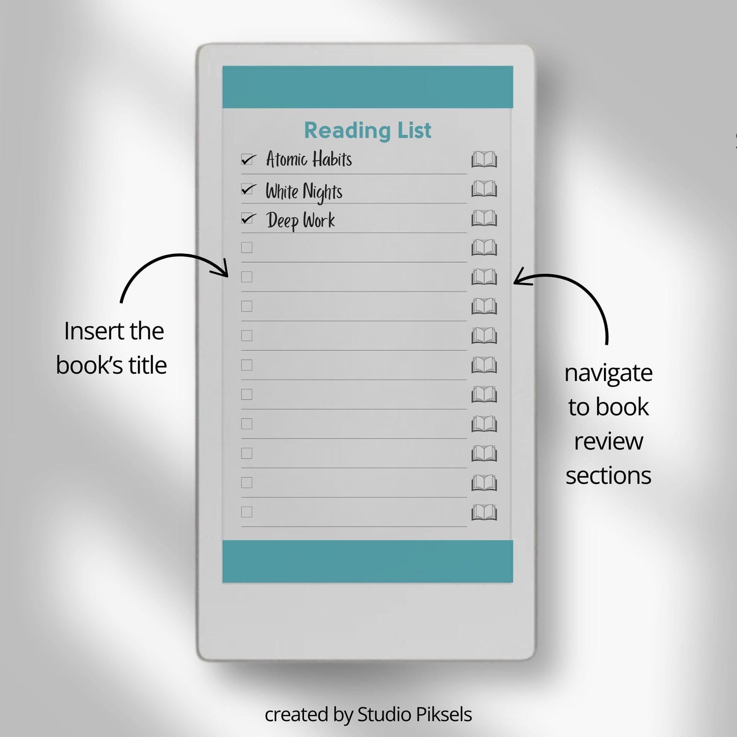 Reading journal for reMarkable Paper Pro Move used to track reading lists, write book reviews, and reflect on completed books.