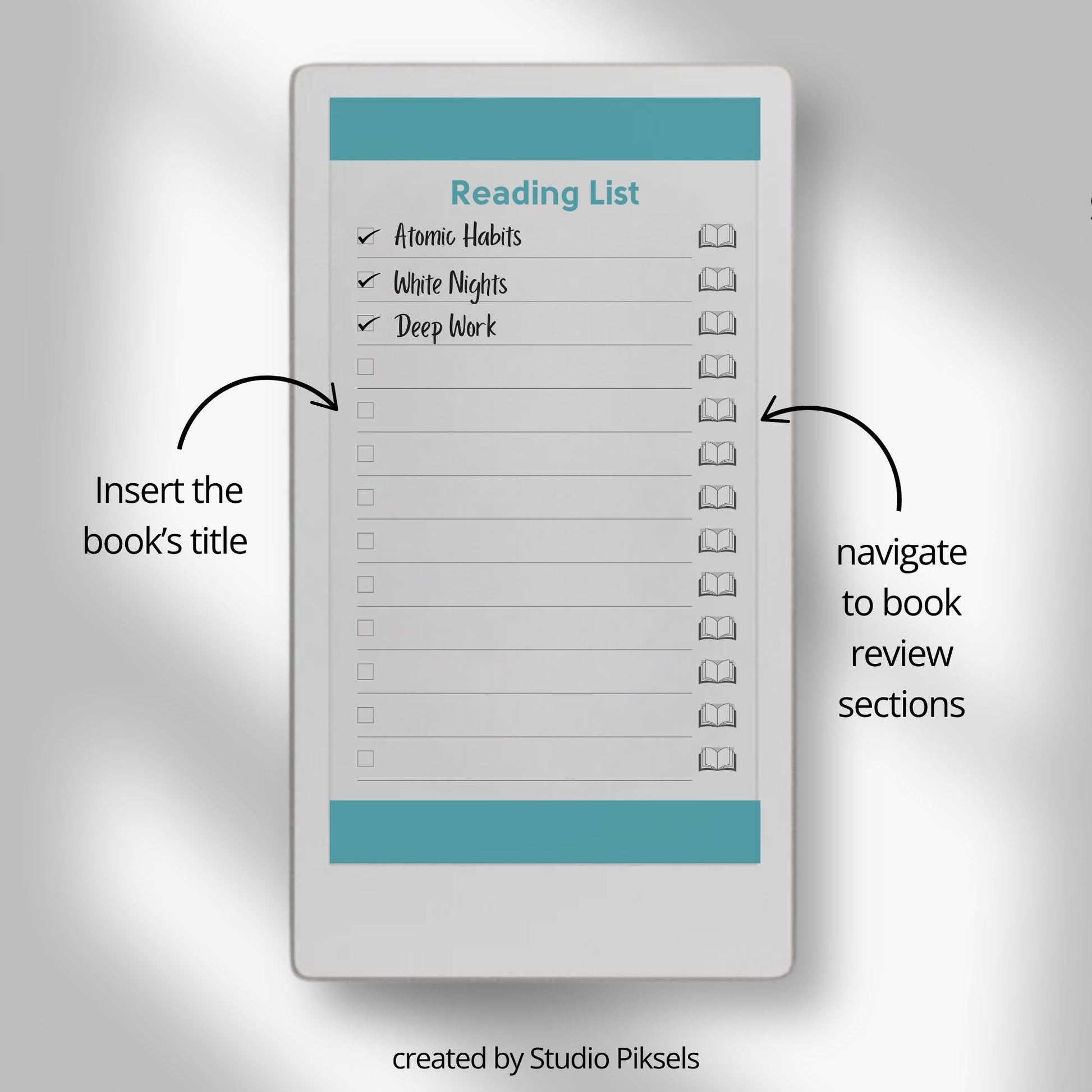 Reading journal for reMarkable Paper Pro Move used to track reading lists, write book reviews, and reflect on completed books.