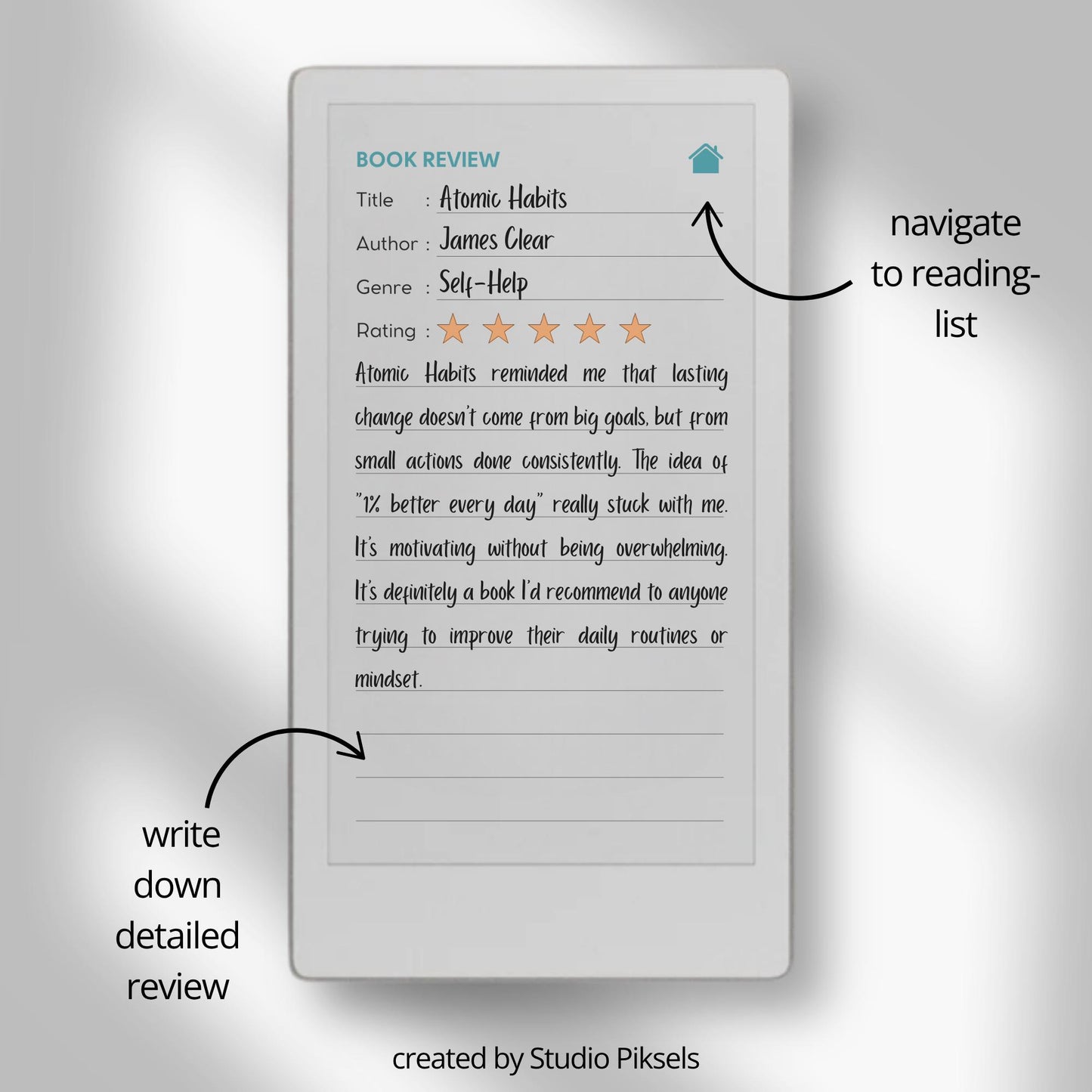 Reading journal for reMarkable Paper Pro Move used to track reading lists, write book reviews, and reflect on completed books.