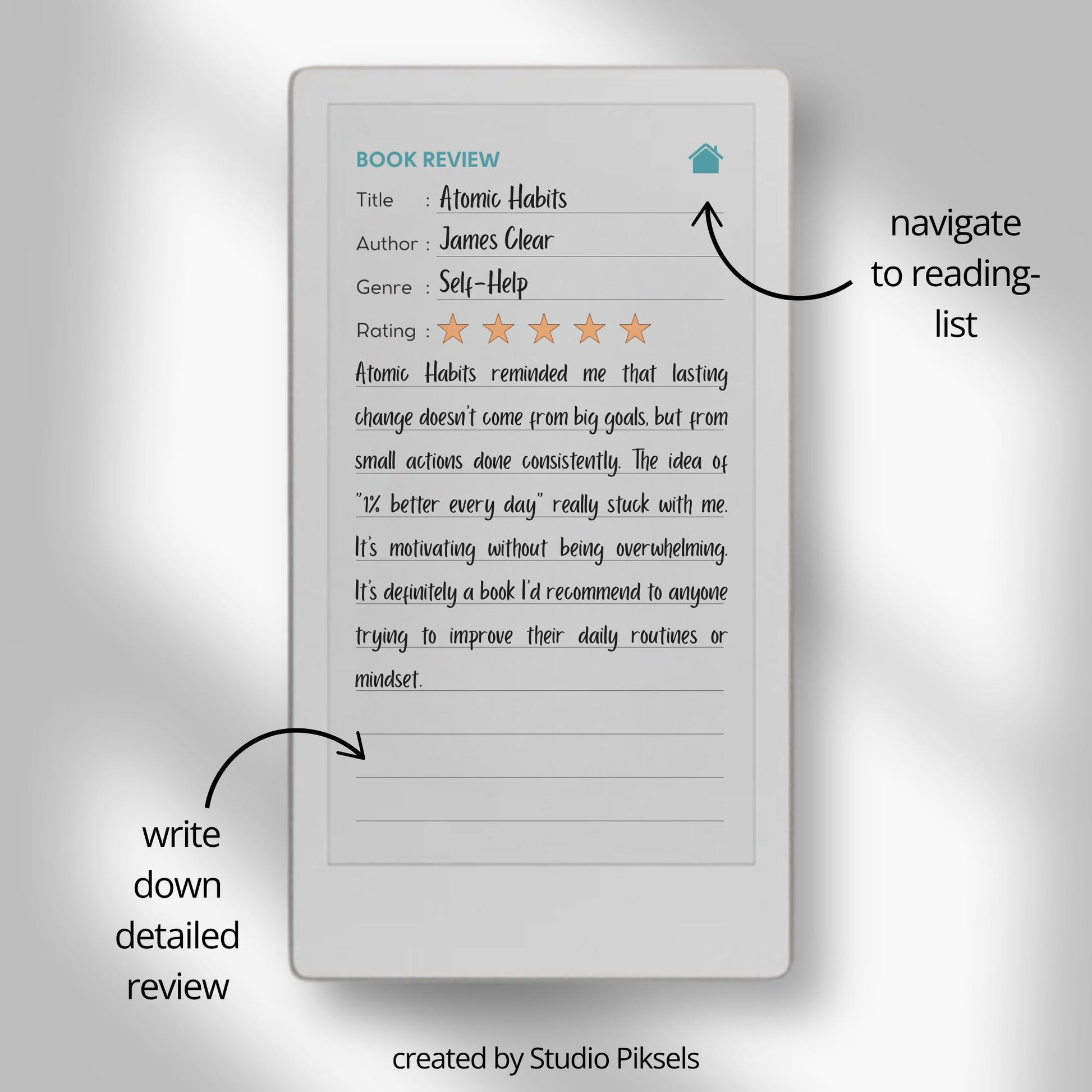 Reading journal for reMarkable Paper Pro Move used to track reading lists, write book reviews, and reflect on completed books.