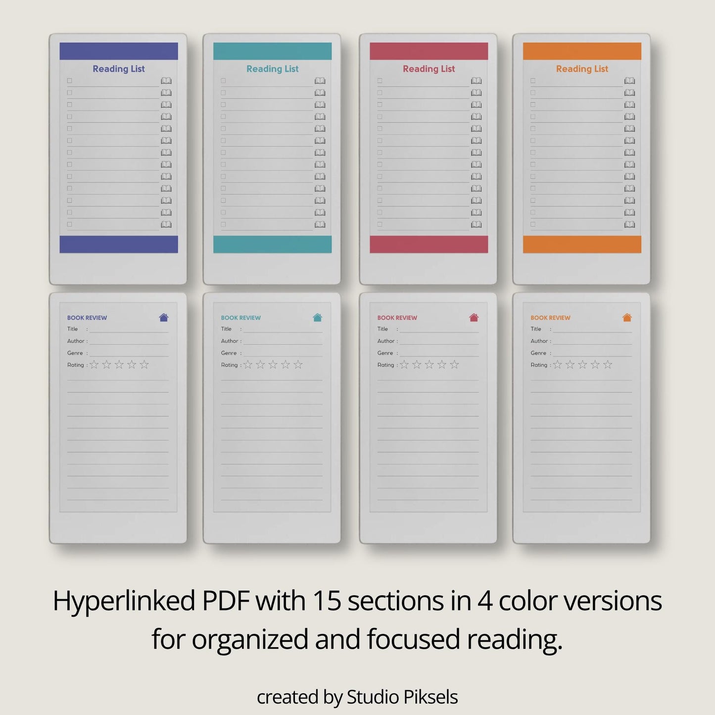 Reading journal for reMarkable Paper Pro Move used to track reading lists, write book reviews, and reflect on completed books.