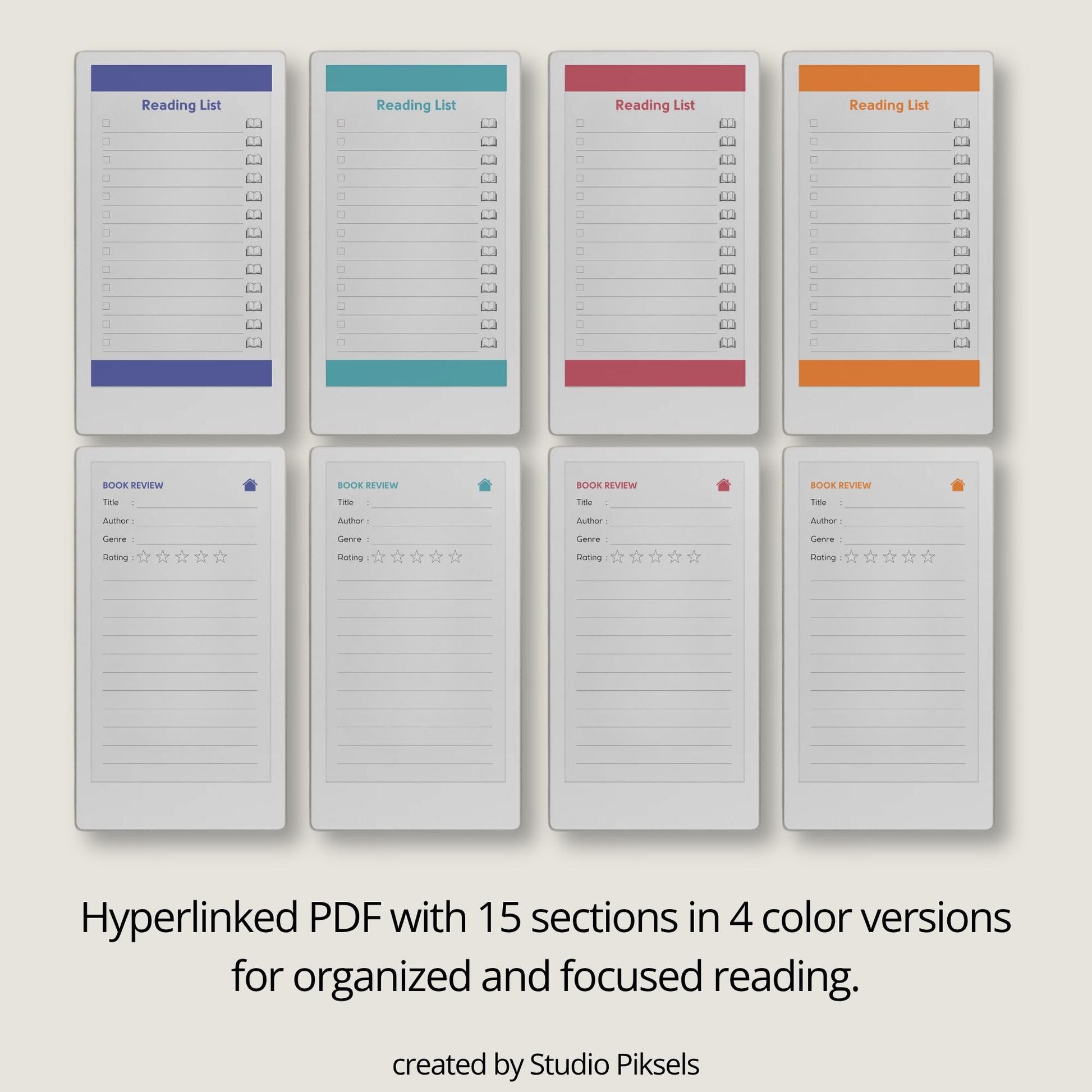 Reading journal for reMarkable Paper Pro Move used to track reading lists, write book reviews, and reflect on completed books.