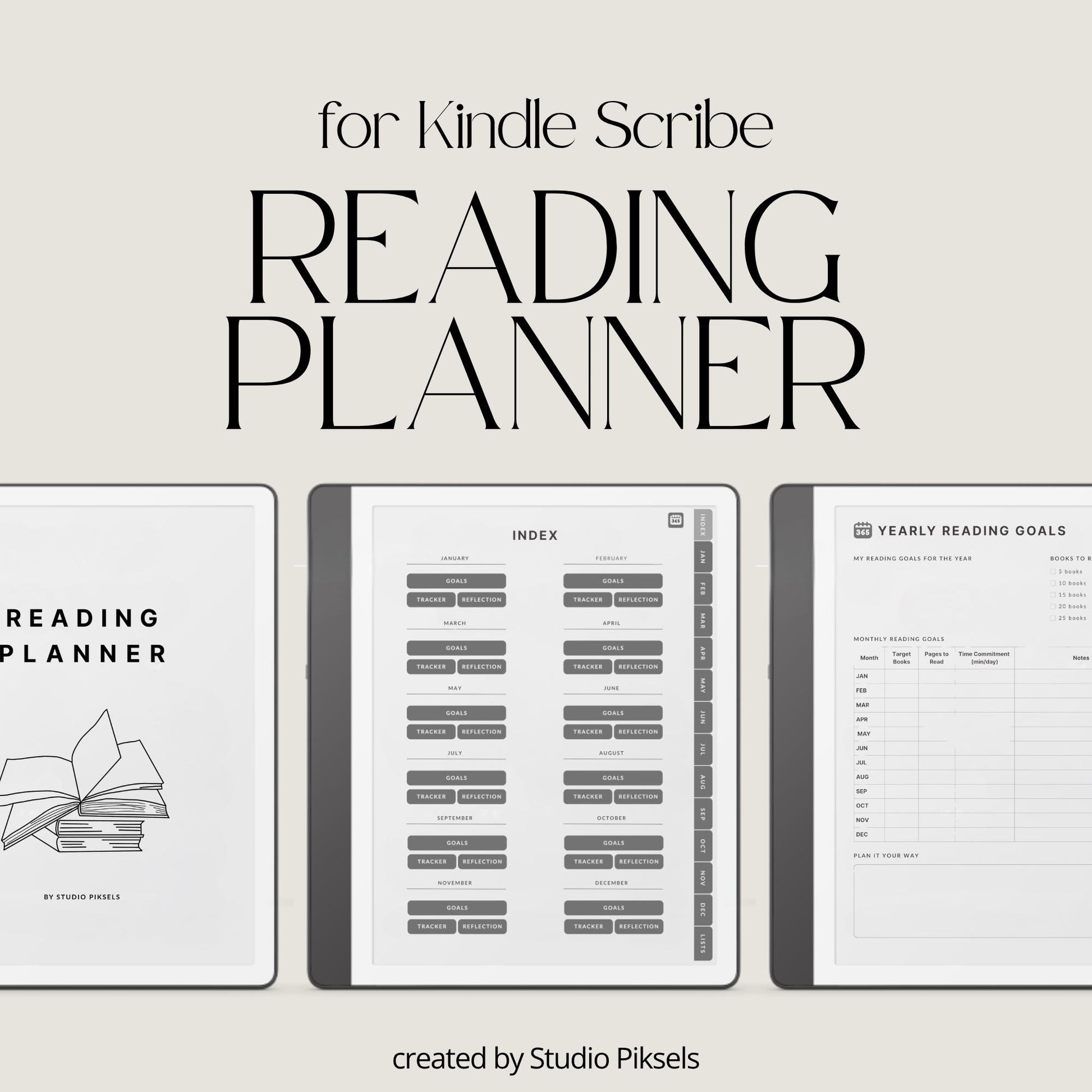 Hyperlinked Reading Planner for Kindle Scribe featuring monthly reading trackers, yearly reading goals, book reflection pages, and organized reading lists.