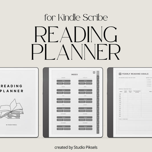 Hyperlinked Reading Planner for Kindle Scribe featuring monthly reading trackers, yearly reading goals, book reflection pages, and organized reading lists.