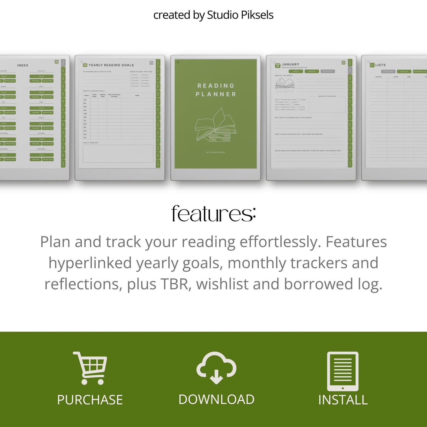 Reading planner for reMarkable Paper Pro with hyperlinked reading trackers and book list pages.