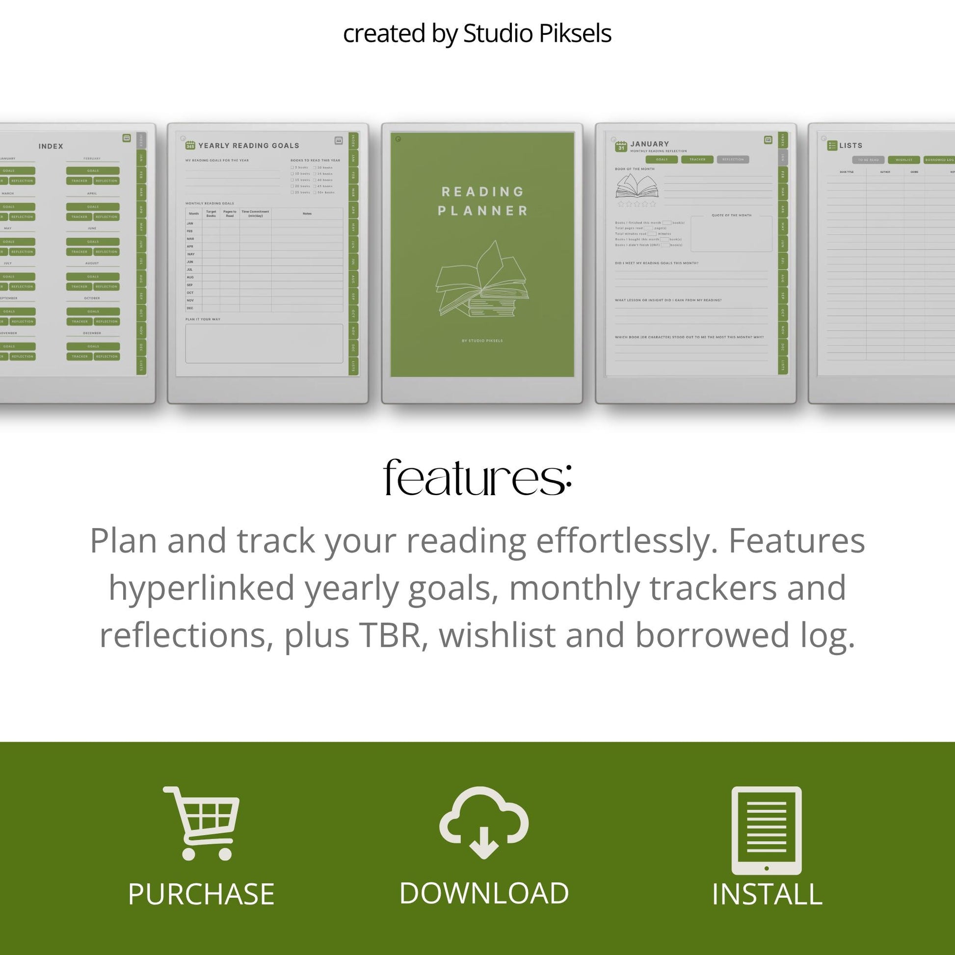 Reading planner for reMarkable Paper Pro with hyperlinked reading trackers and book list pages.