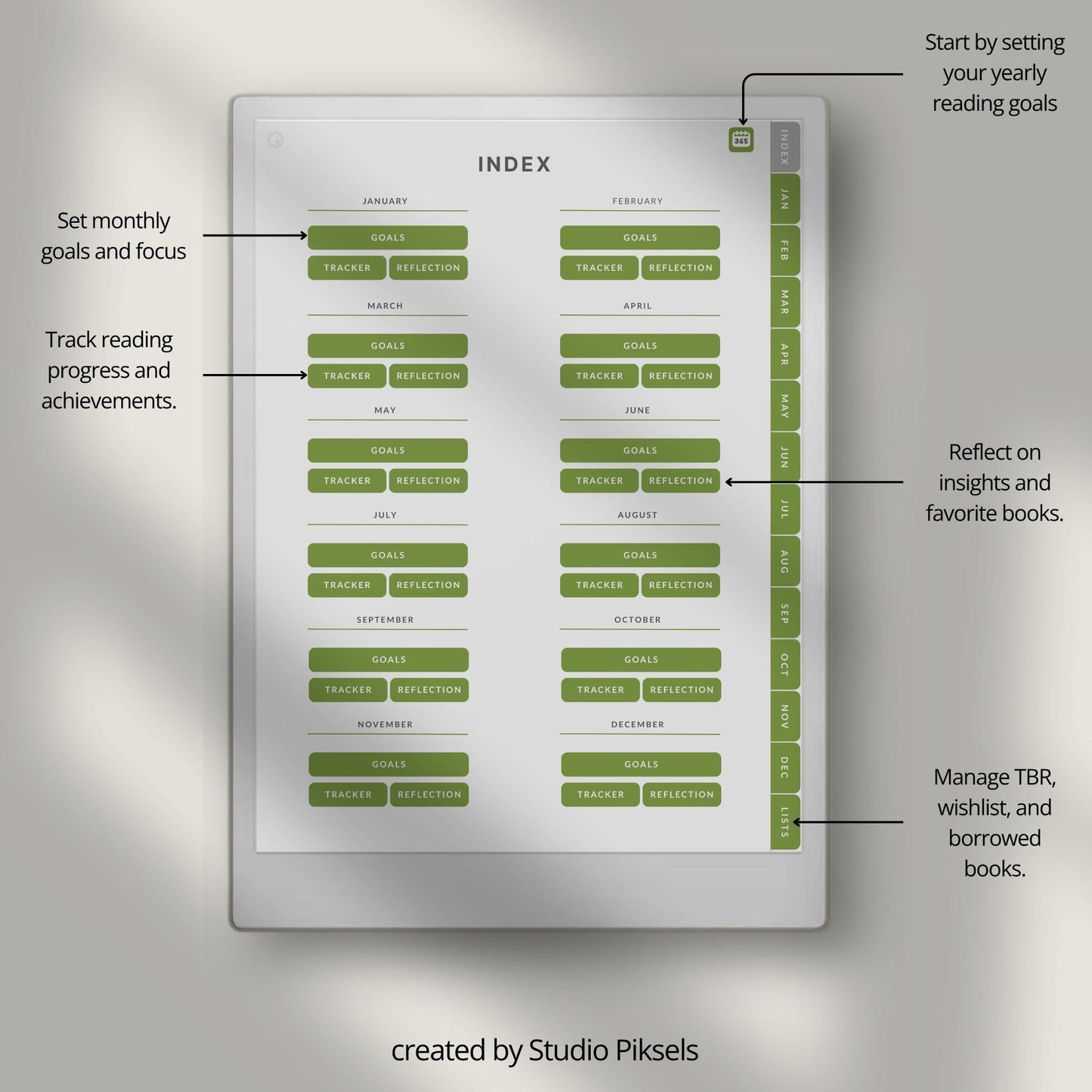 Reading planner for reMarkable Paper Pro with hyperlinked reading trackers and book list pages.