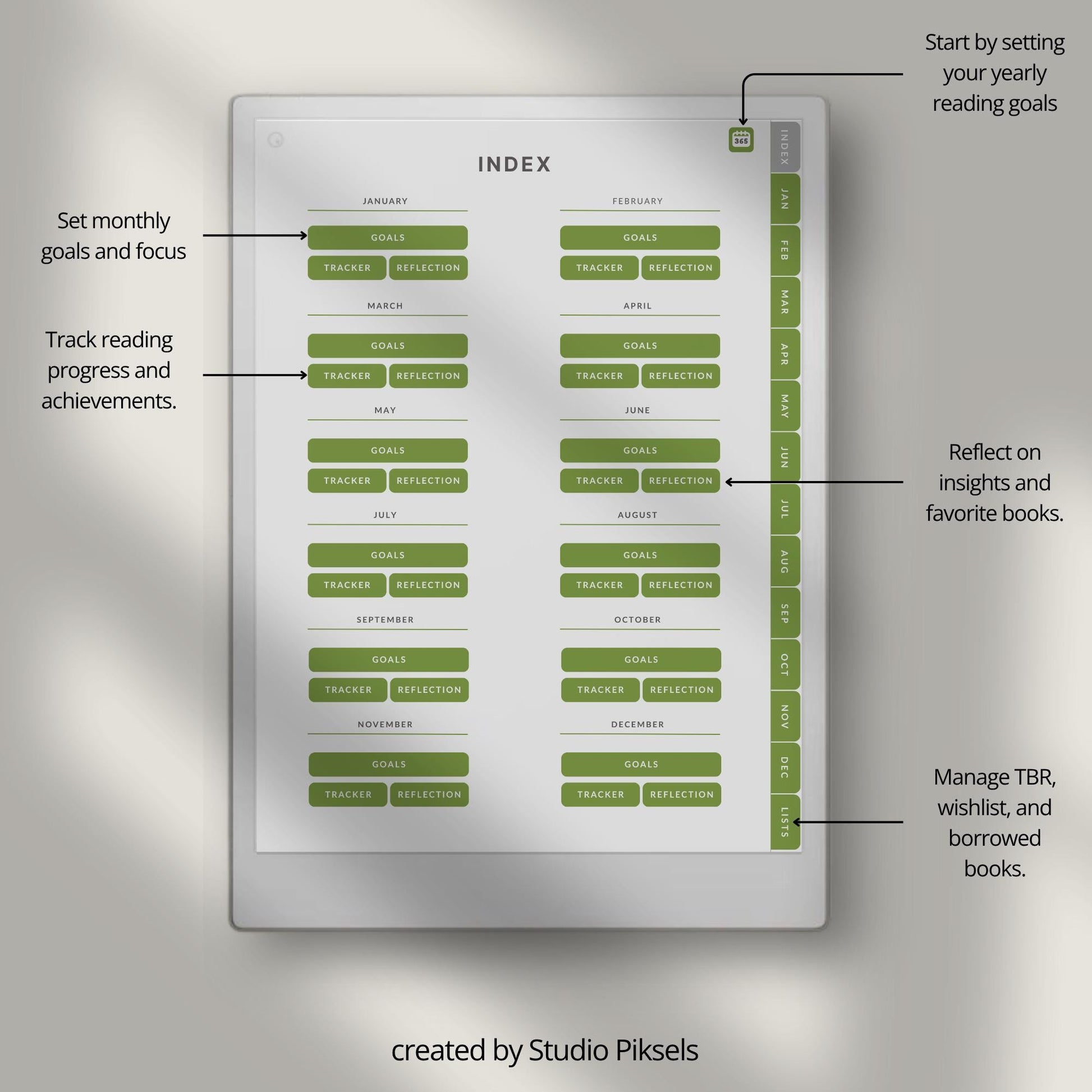 Reading planner for reMarkable Paper Pro with hyperlinked reading trackers and book list pages.