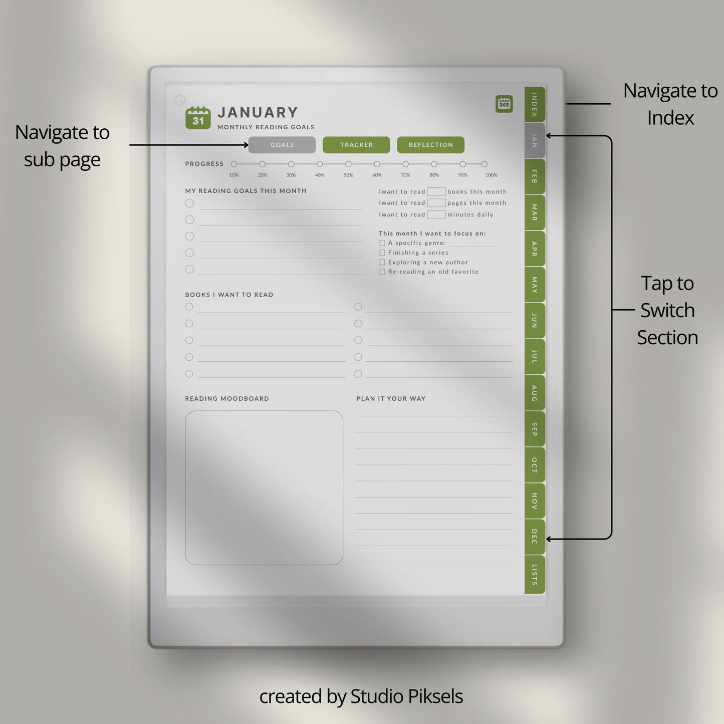 Reading planner for reMarkable Paper Pro with hyperlinked reading trackers and book list pages.