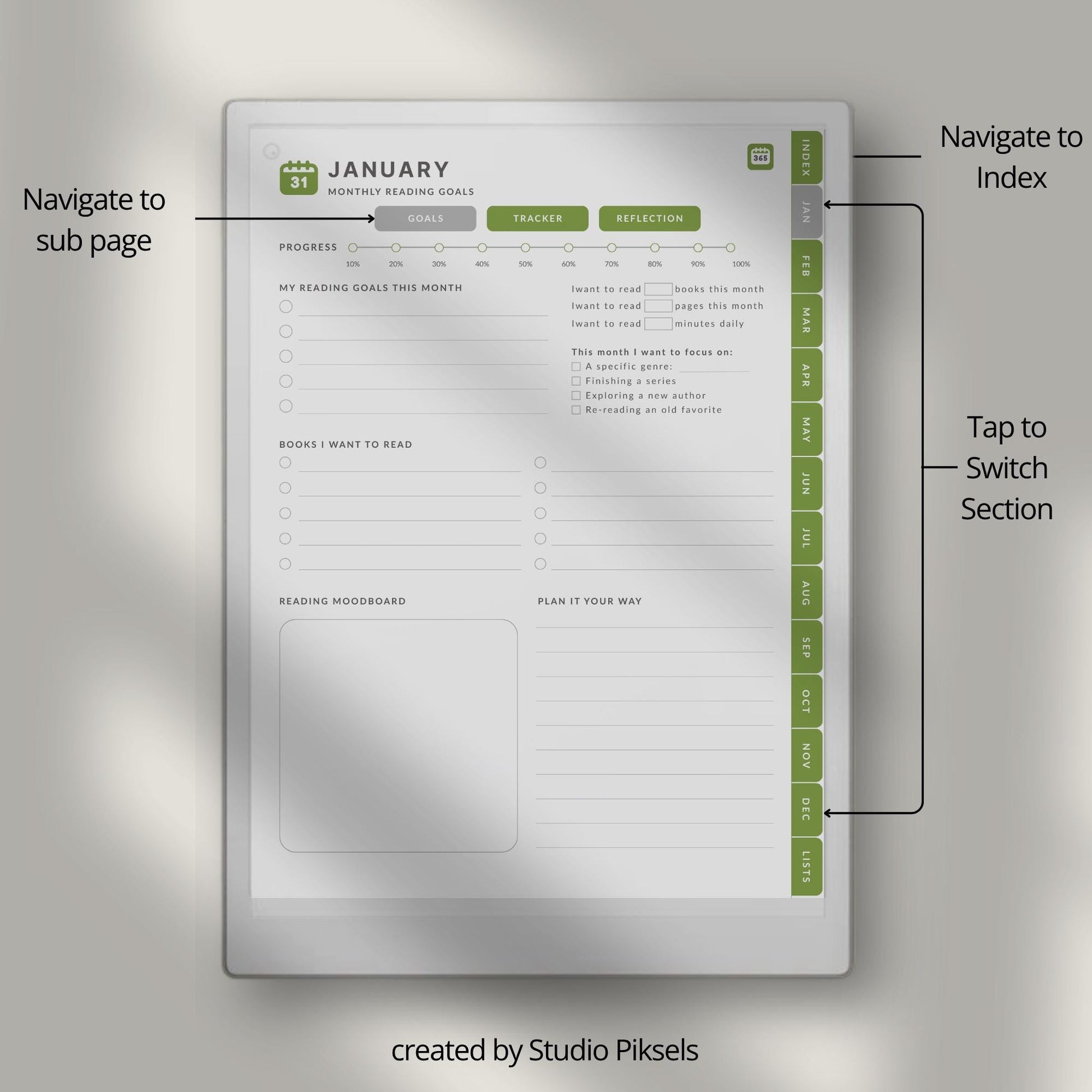 Reading planner for reMarkable Paper Pro with hyperlinked reading trackers and book list pages.