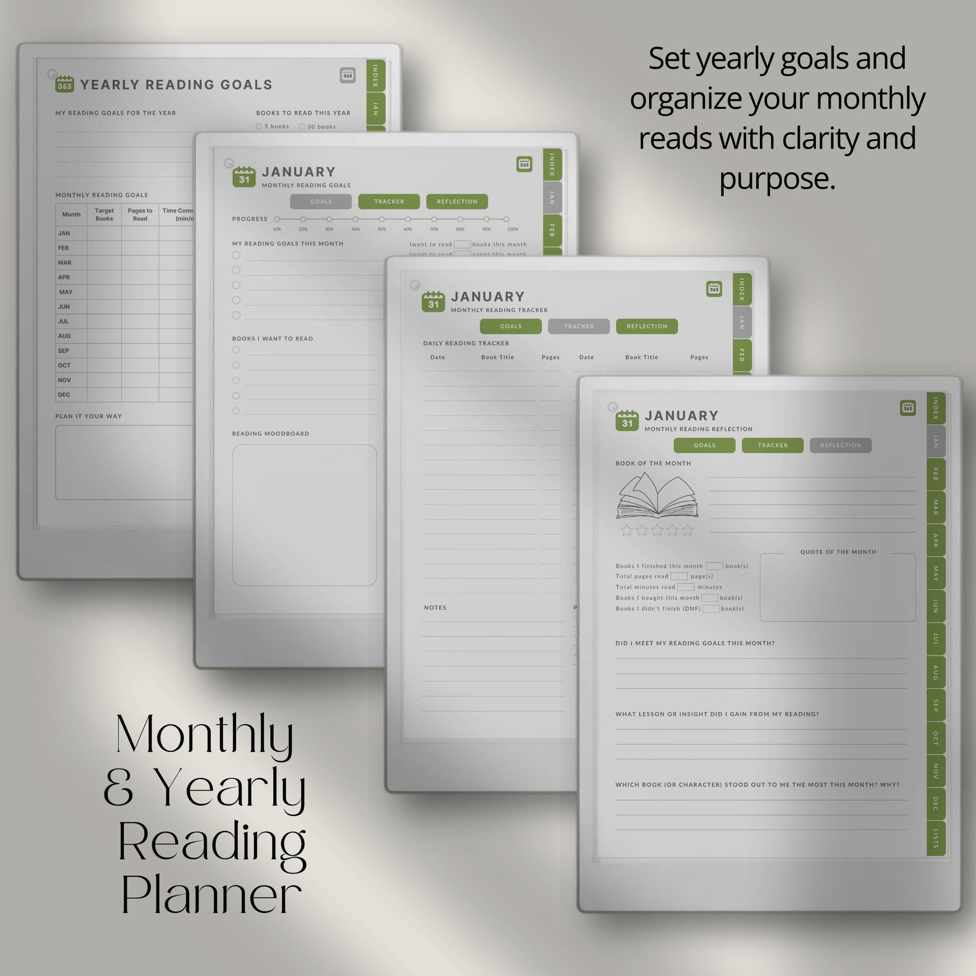 Reading planner for reMarkable Paper Pro with hyperlinked reading trackers and book list pages.