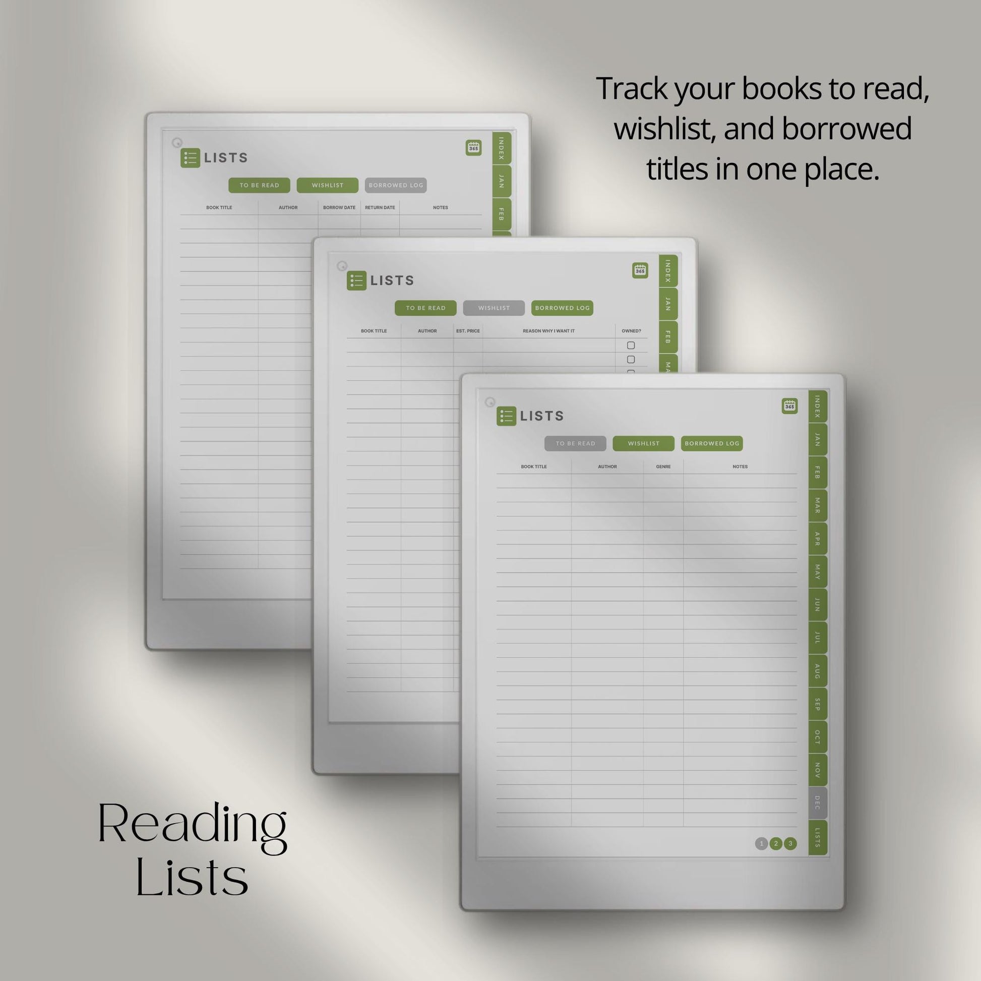 Reading planner for reMarkable Paper Pro with hyperlinked reading trackers and book list pages.