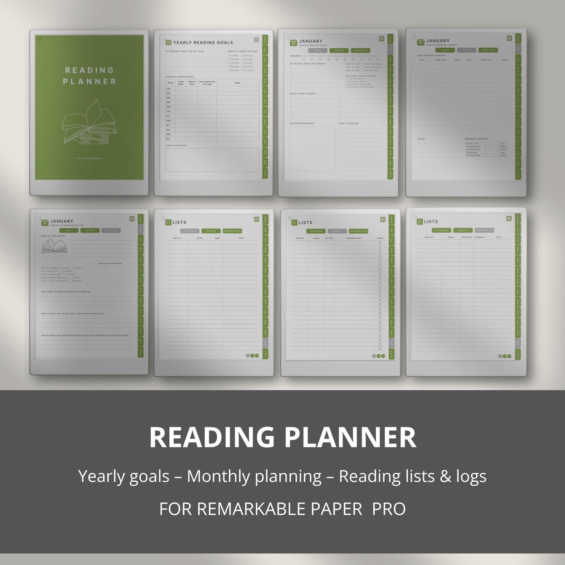 Reading planner for reMarkable Paper Pro with hyperlinked reading trackers and book list pages.