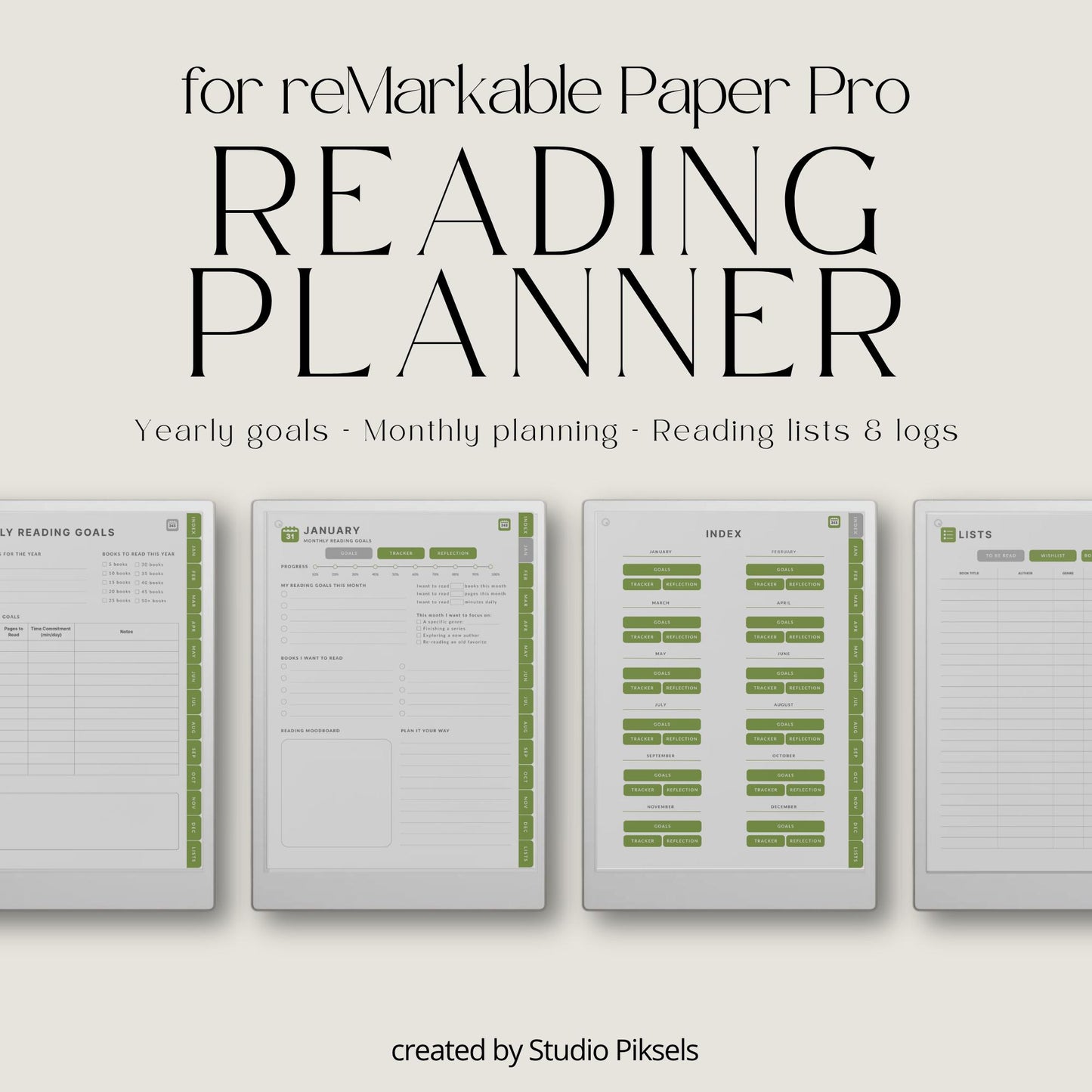 Reading planner for reMarkable Paper Pro with hyperlinked reading trackers and book list pages.