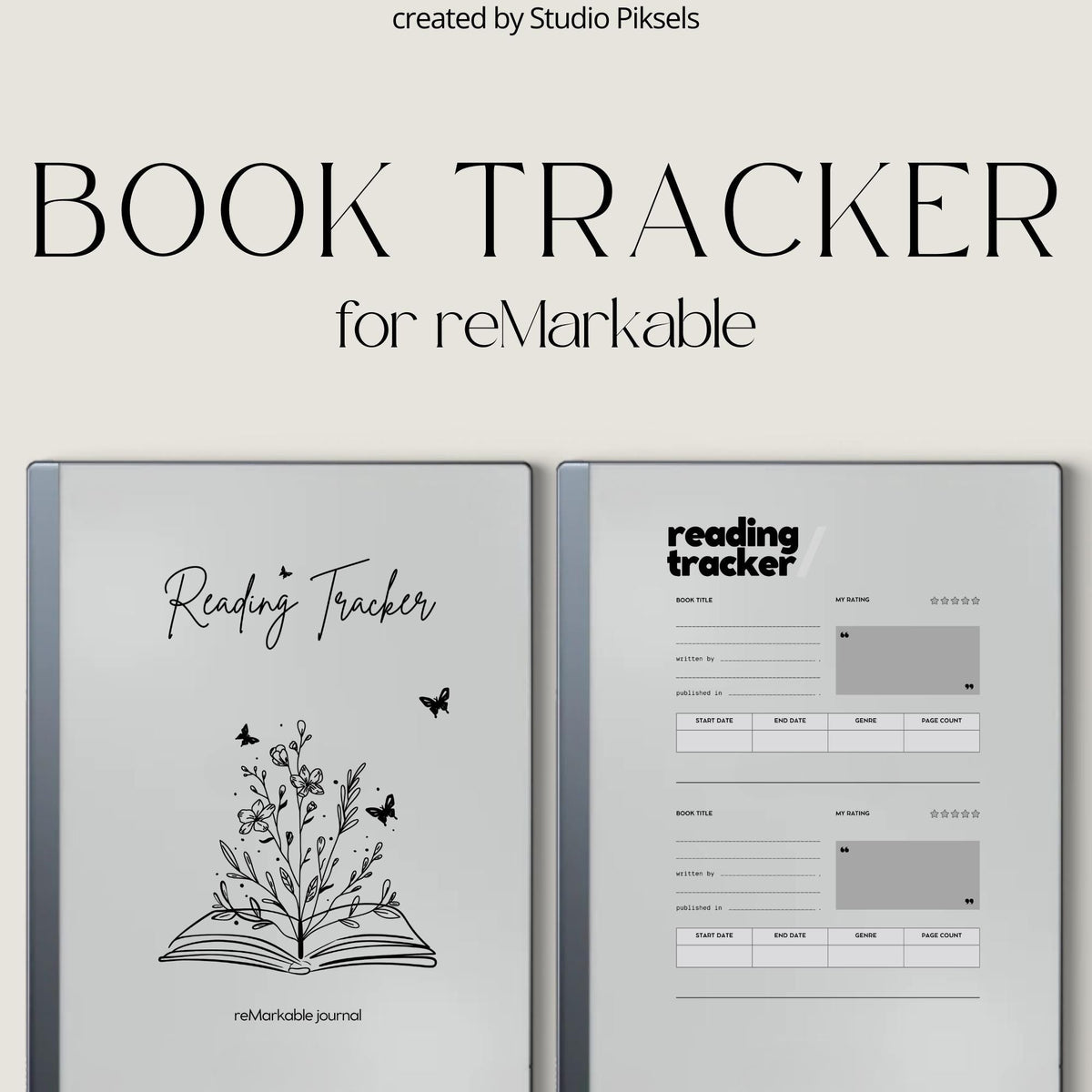 Reading Tracker PDF for reMarkable 2 and Paper Pure with grayscale book review pages and minimalist reading journal layout