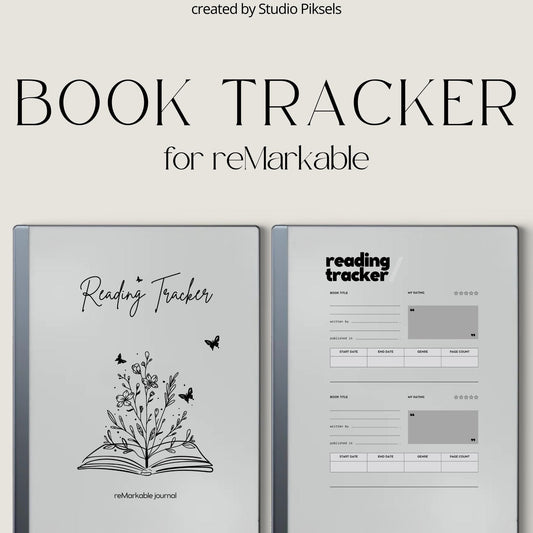 Reading Tracker PDF for reMarkable 2 and Paper Pure with grayscale book review pages and minimalist reading journal layout