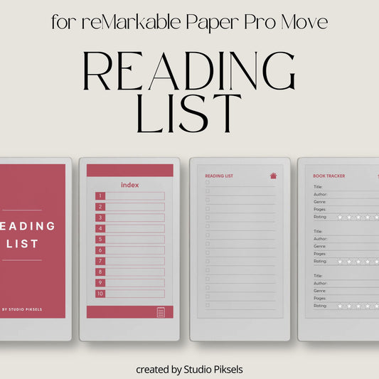 Reading tracker for reMarkable Paper Pro Move with hyperlinked sections and book rating pages.