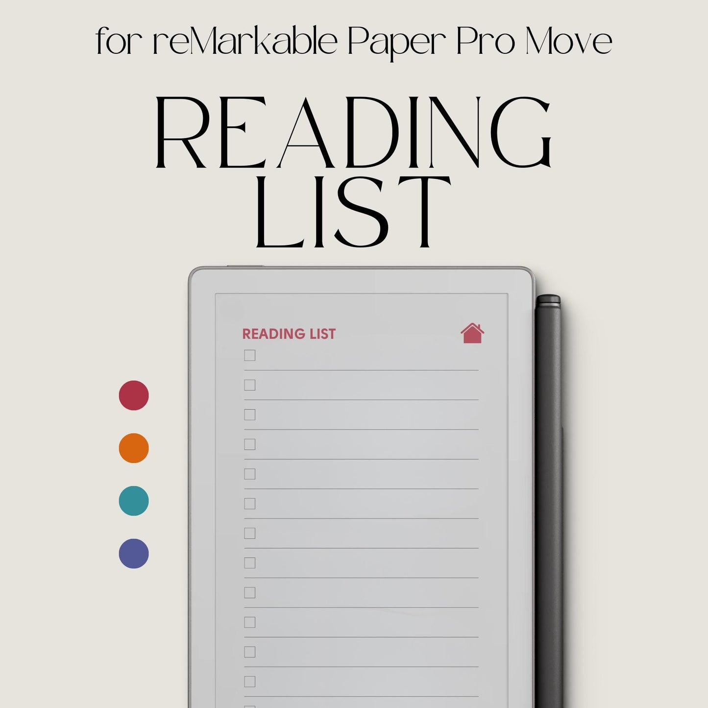 Reading tracker for reMarkable Paper Pro Move with hyperlinked sections and book rating pages.