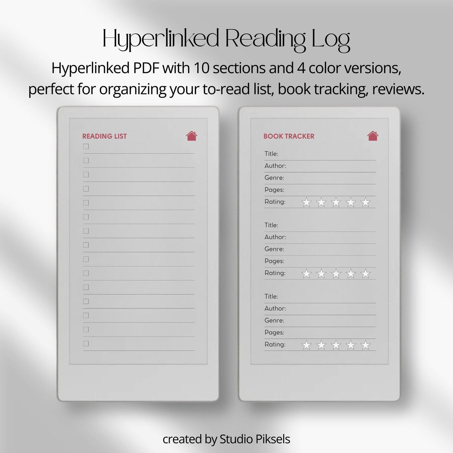 Reading tracker for reMarkable Paper Pro Move with hyperlinked sections and book rating pages.