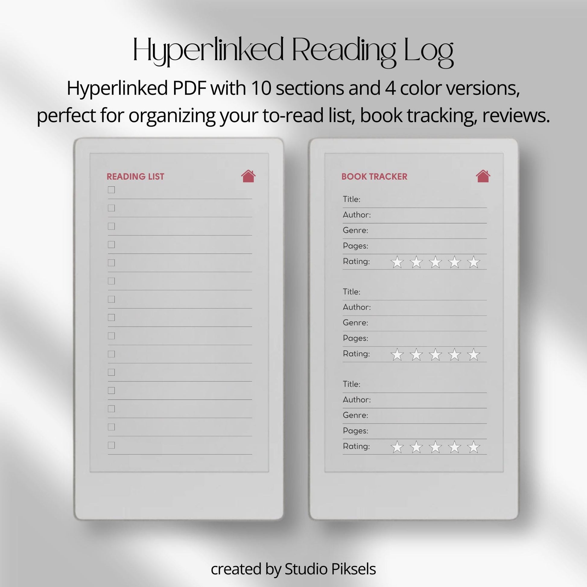 Reading tracker for reMarkable Paper Pro Move with hyperlinked sections and book rating pages.