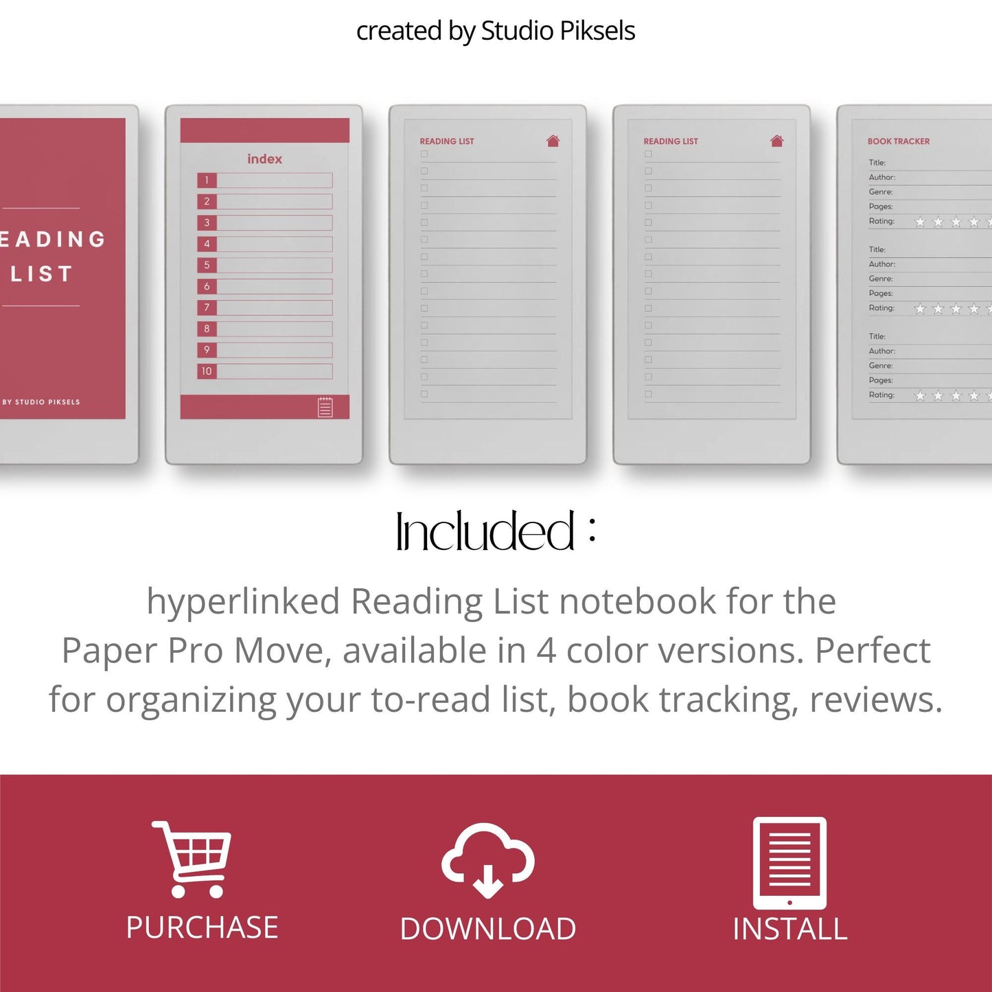 Reading tracker for reMarkable Paper Pro Move with hyperlinked sections and book rating pages.
